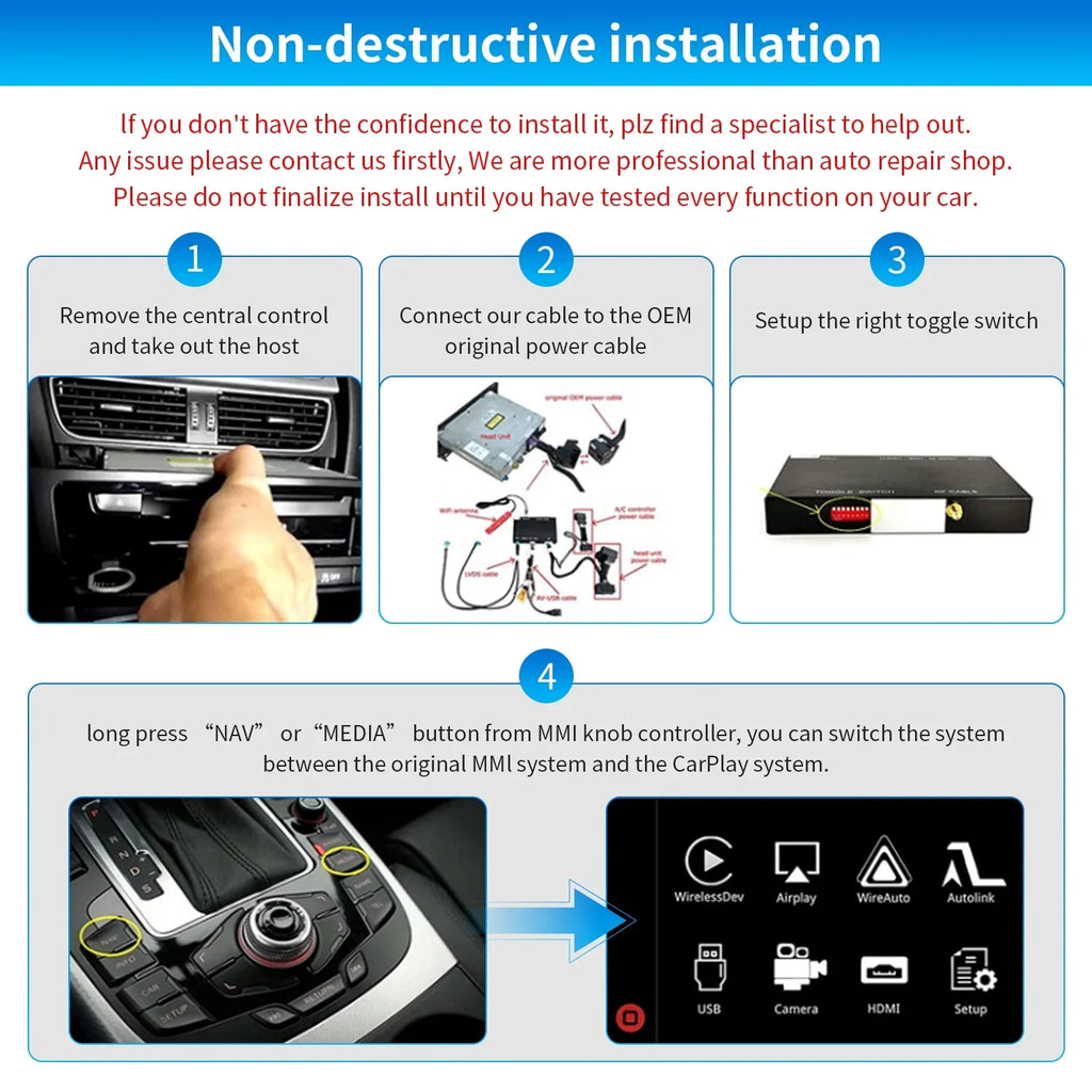 Ninetom Wireless Android Auto Carplay for Audi A4 A5 S4 S5 RS4 RS5 Q5 2008-2015 Support 3GMMI System;Carplay Retrofit Kit;Mirrorlink;Siri;Navigation;YouTube;Original Control;Camera