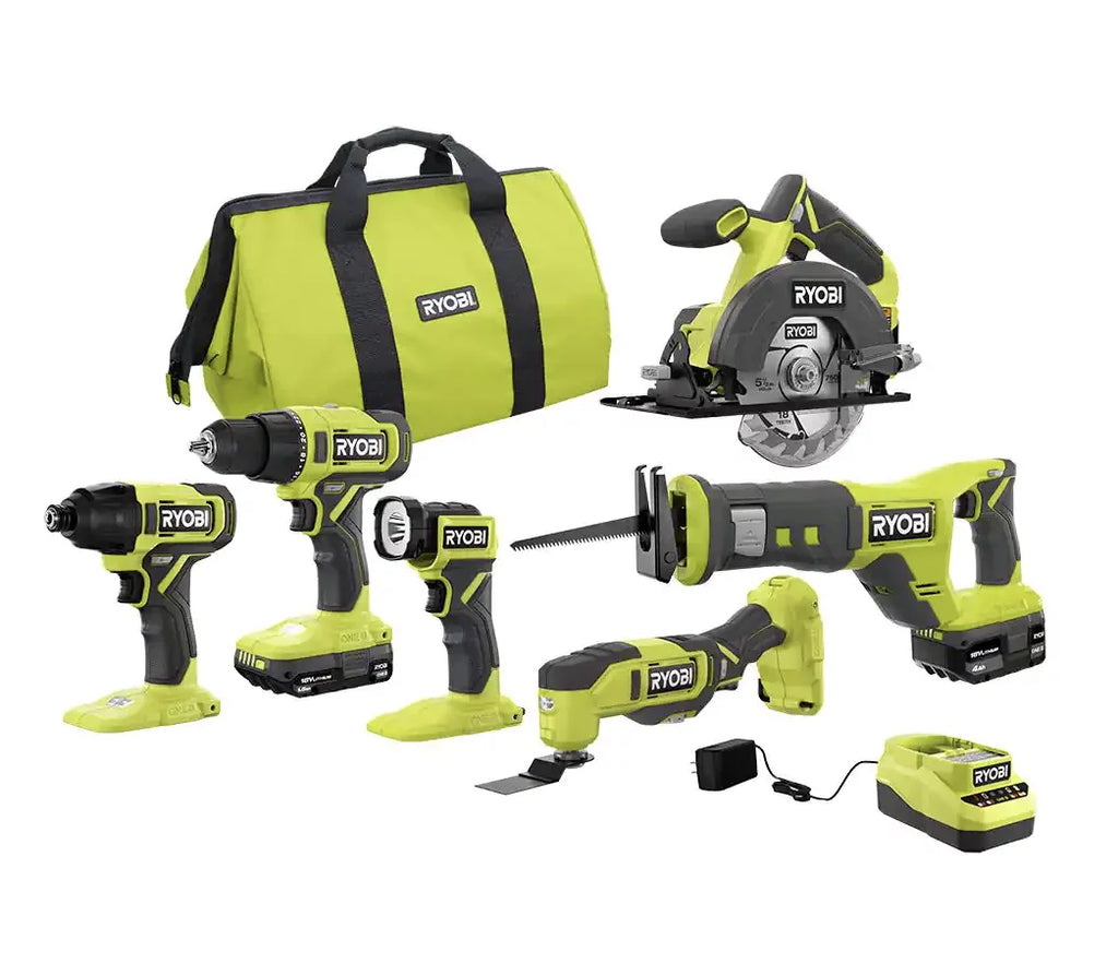 RYOBI ONE+ 18V Cordless 6-Tool Combo Kit with 1.5 Ah Battery; 4.0 Ah Battery; and Charger