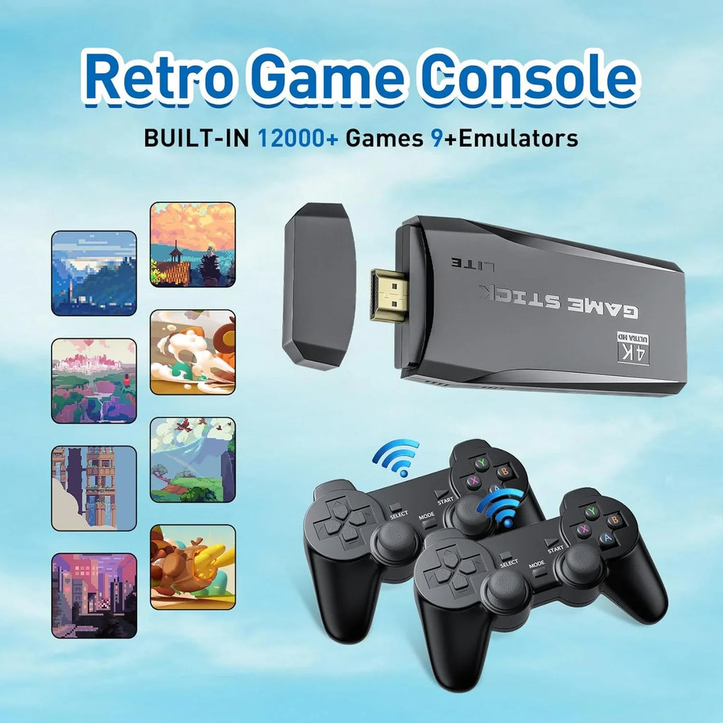 Retro Game Stick Emulator Console - Preloaded 12000+ Classic Retro Games;9 Emulators;Plug and Play Video Games for TV;Nostalgia Stick Support 4K HD Port;2 Wireless Gamepads(64G)