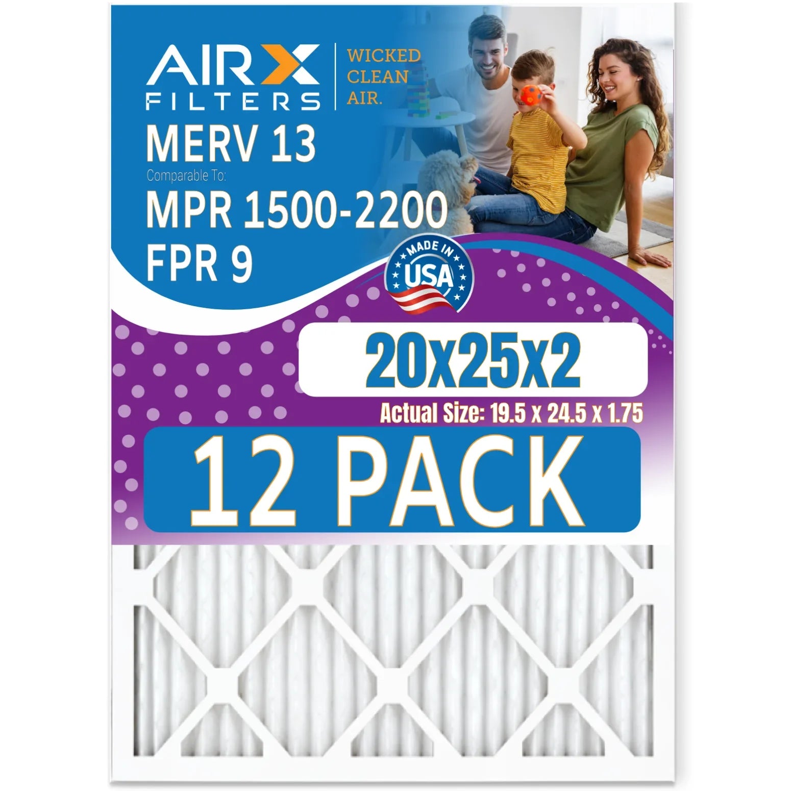20x25x2 Air Filter MERV 13 Rating; 12 Pack of Furnace Filters Comparable to MPR 1500 - 2200 & FPR 9 - Made in USA by AIRX FILTERS WICKED CLEAN AIR.