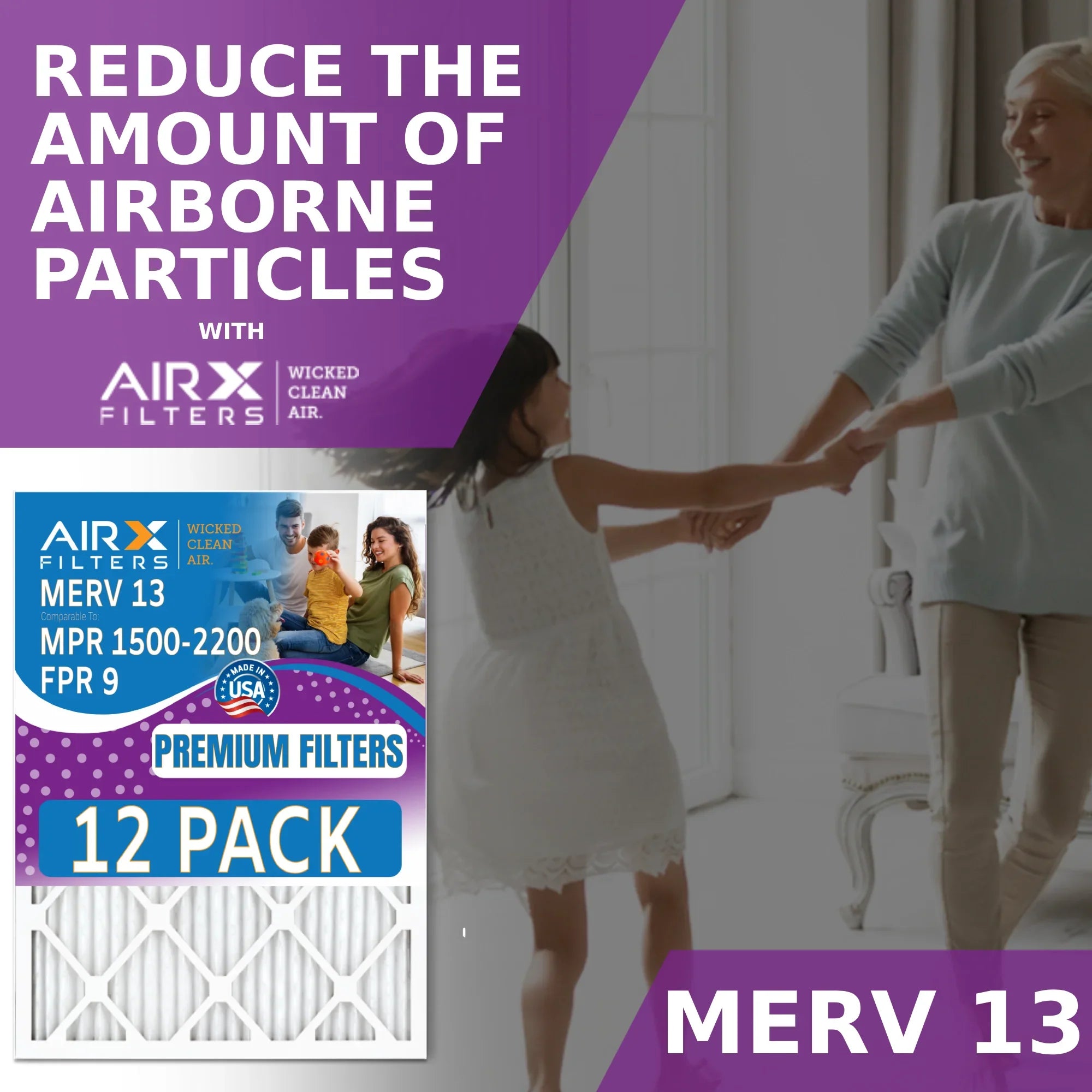 16x30x1 Air Filter MERV 13 Rating; 12 Pack of Furnace Filters Comparable to MPR 1500 - 2200 & FPR 9 - Made in USA by AIRX FILTERS WICKED CLEAN AIR.