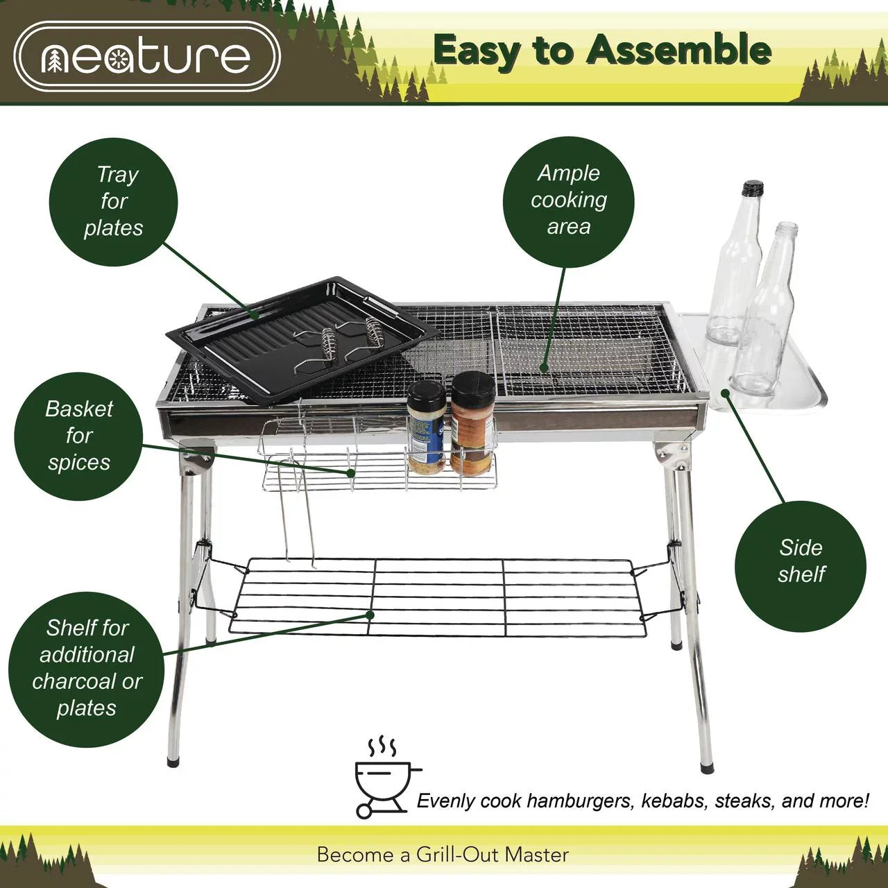Neature Portable Charcoal Grill for Camping - 26.8in Tall Foldable BBQ Grill