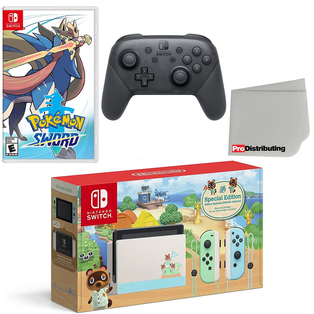 Nintendo Switch Console Animal Crossing: New Horizons Edition with Extra Wireless Controller; Pokemon Sword and Screen Cleaning Cloth