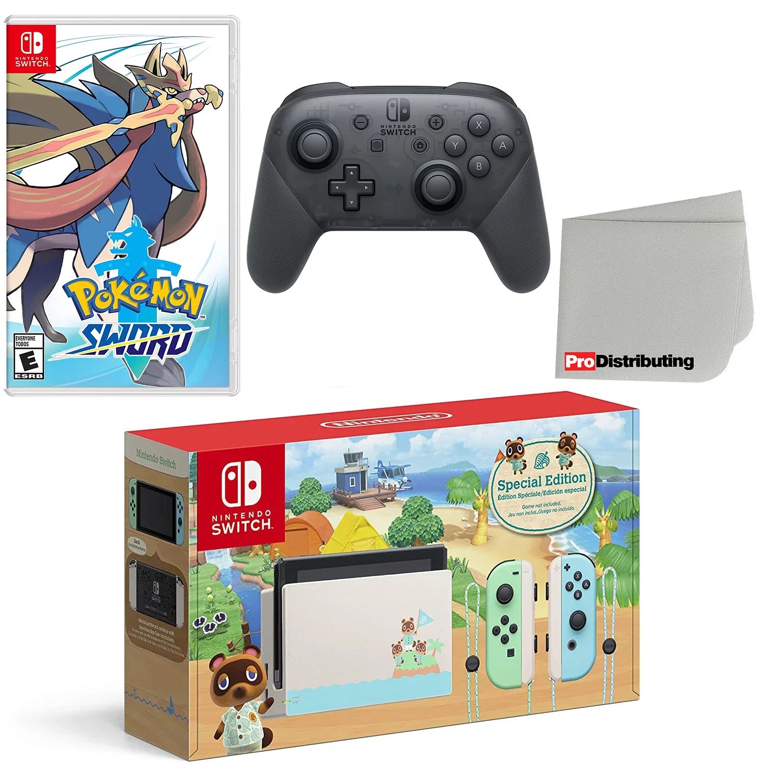 Nintendo Switch Console Animal Crossing: New Horizons Edition with Extra Wireless Controller; Pokemon Sword and Screen Cleaning Cloth