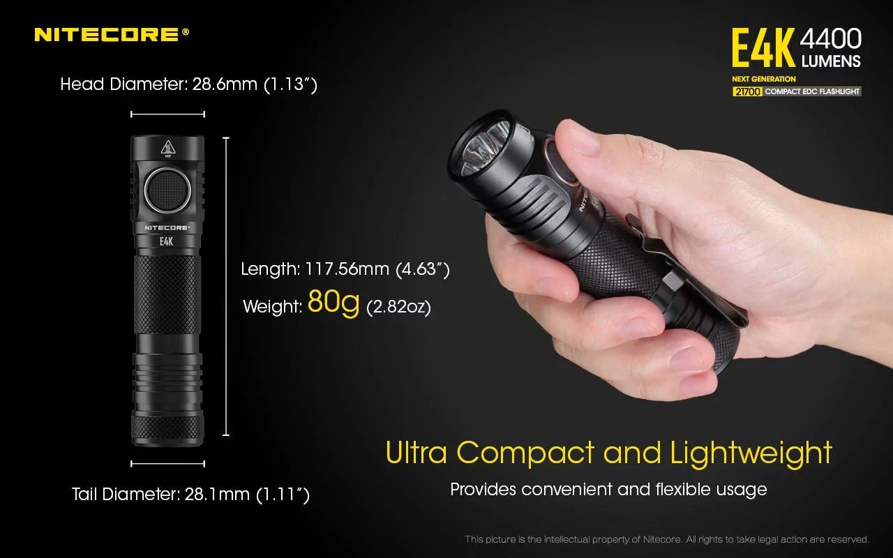 Combo: NITECORE E4K Compact EDC Flashlight - 4400 Lumens -1x NITECORE 21700 Battery Included w/Nitecore UT32 Dual Emitter Headlamp -1100 Lumens