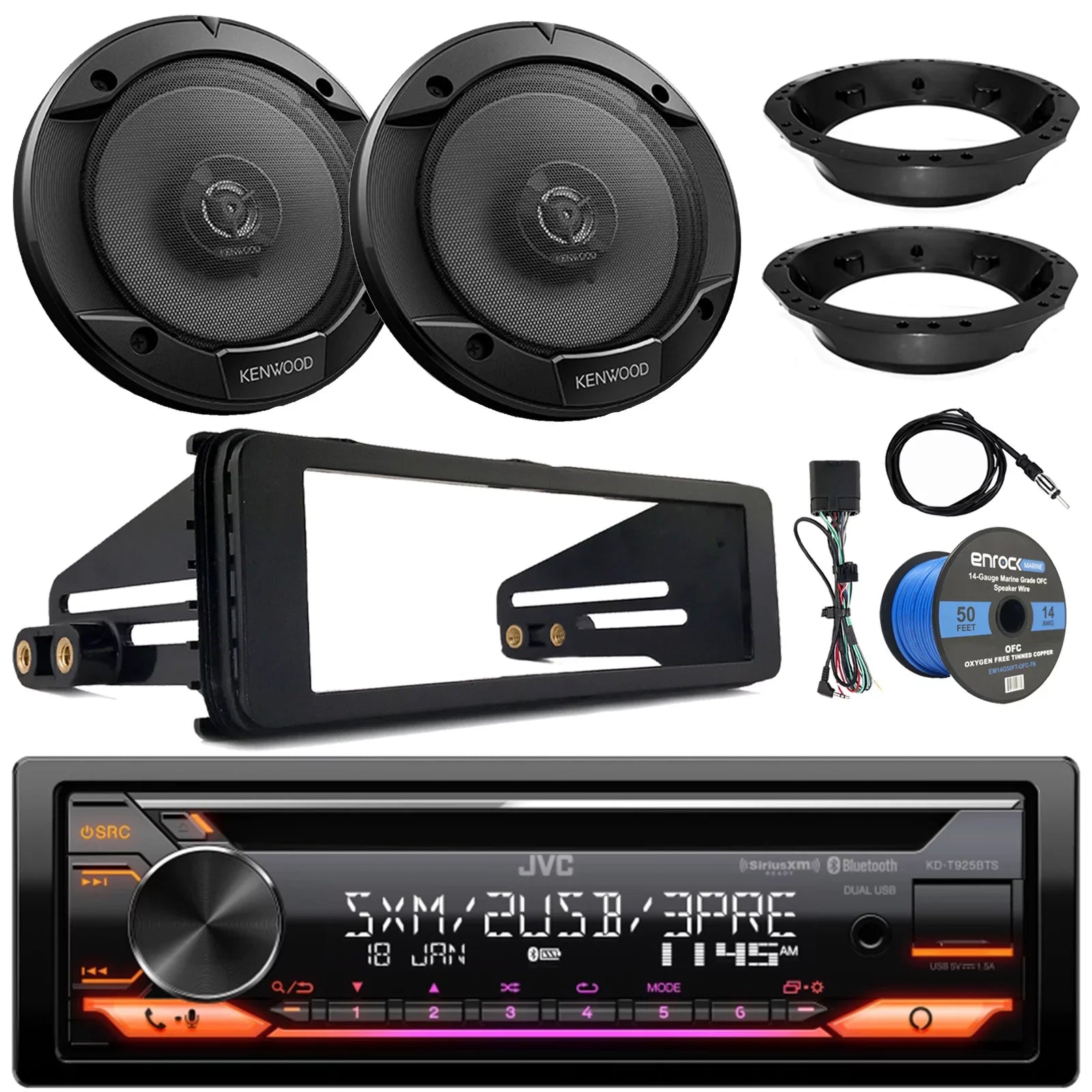 JVC KD-T925BTS Single DIN Bluetooth CD Player USB AUX Stereo SiriusXM Amazon Alexa Car Audio Receiver; 2x 6.5" Sport Series Speakers; Dash Radio Install Kit; Speaker Adapters; Speaker Wire; Antenna