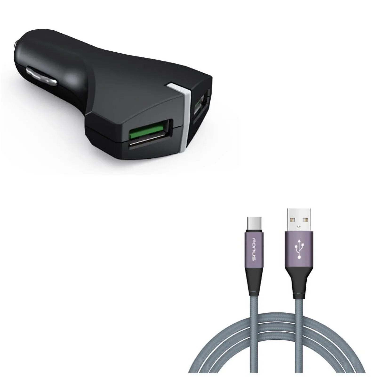 2-Port USB 36W Fast Car Charger w Charger Cord Type-C 10ft USB Cable M1G for Samsung Galaxy S10 Plus S8 active 5G Note 9 8 10 Plus A9 A50 A20 A10e - Sonim XP8 XP3 - Sony Xperia XZs XZ3 XZ1 XA1