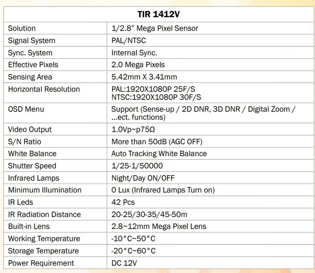 Eyemax TIR-1412V-B HD-TVI 2MP Outdoor Bullet Camera; 2.8-12mm; 42 IR LED 12V DC; Sense-up