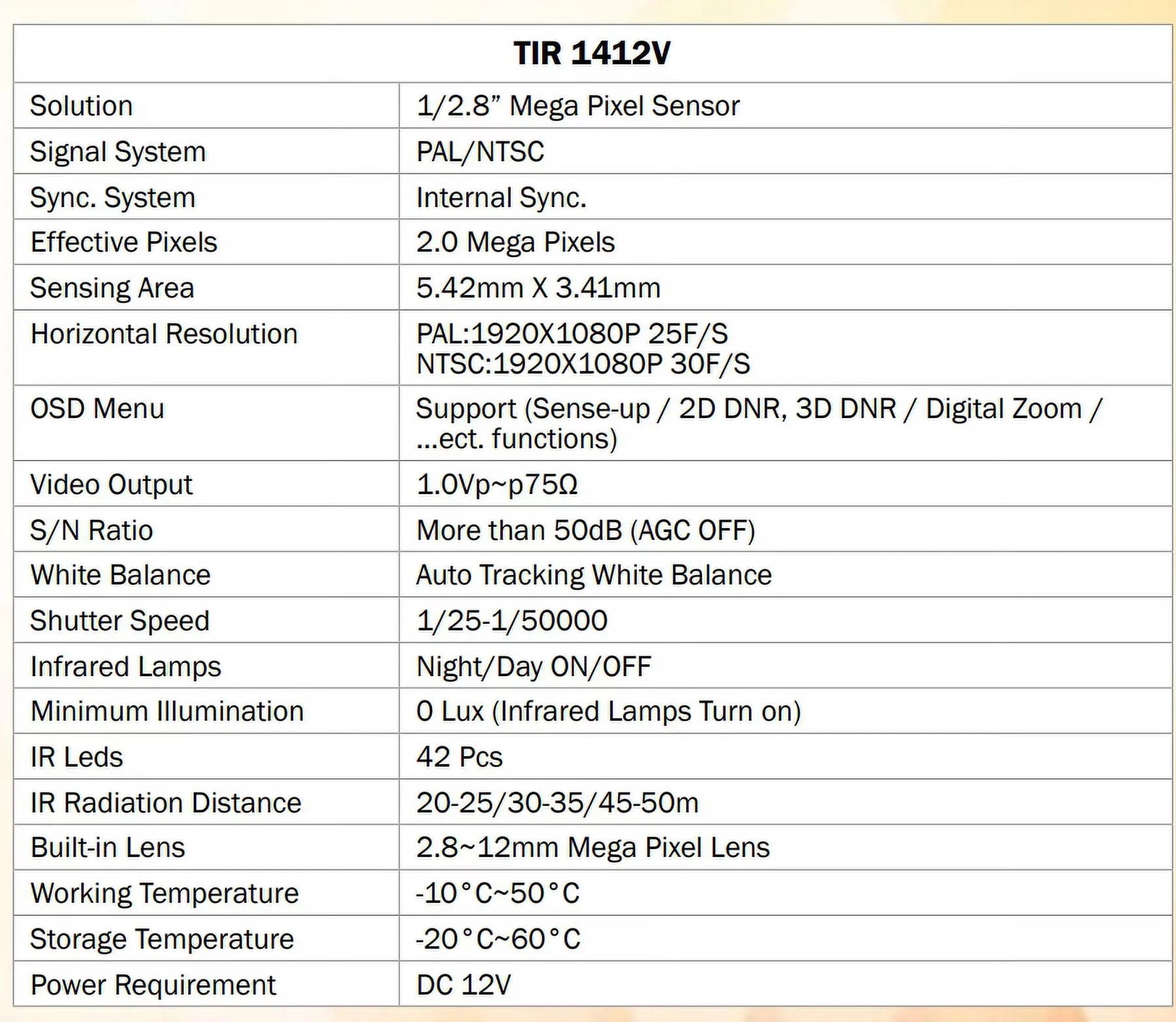 Eyemax TIR-1412V-B HD-TVI 2MP Outdoor Bullet Camera; 2.8-12mm; 42 IR LED 12V DC; Sense-up