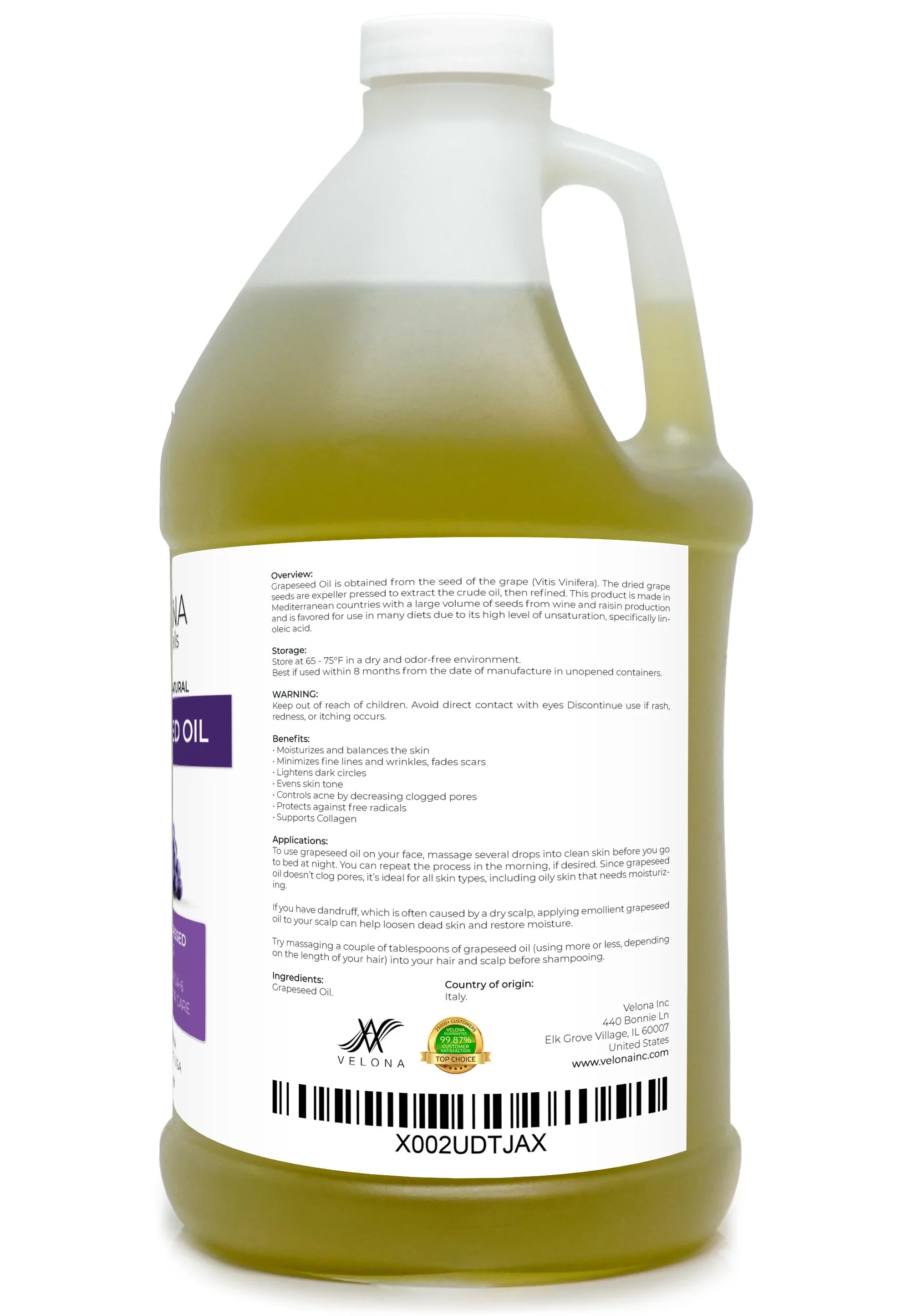 Velona Grapeseed Oil - 64 oz | 100% Pure and Natural Carrier Oil | Refined; Cold pressed | Cooking; Skin; Face; Body; Hair Care