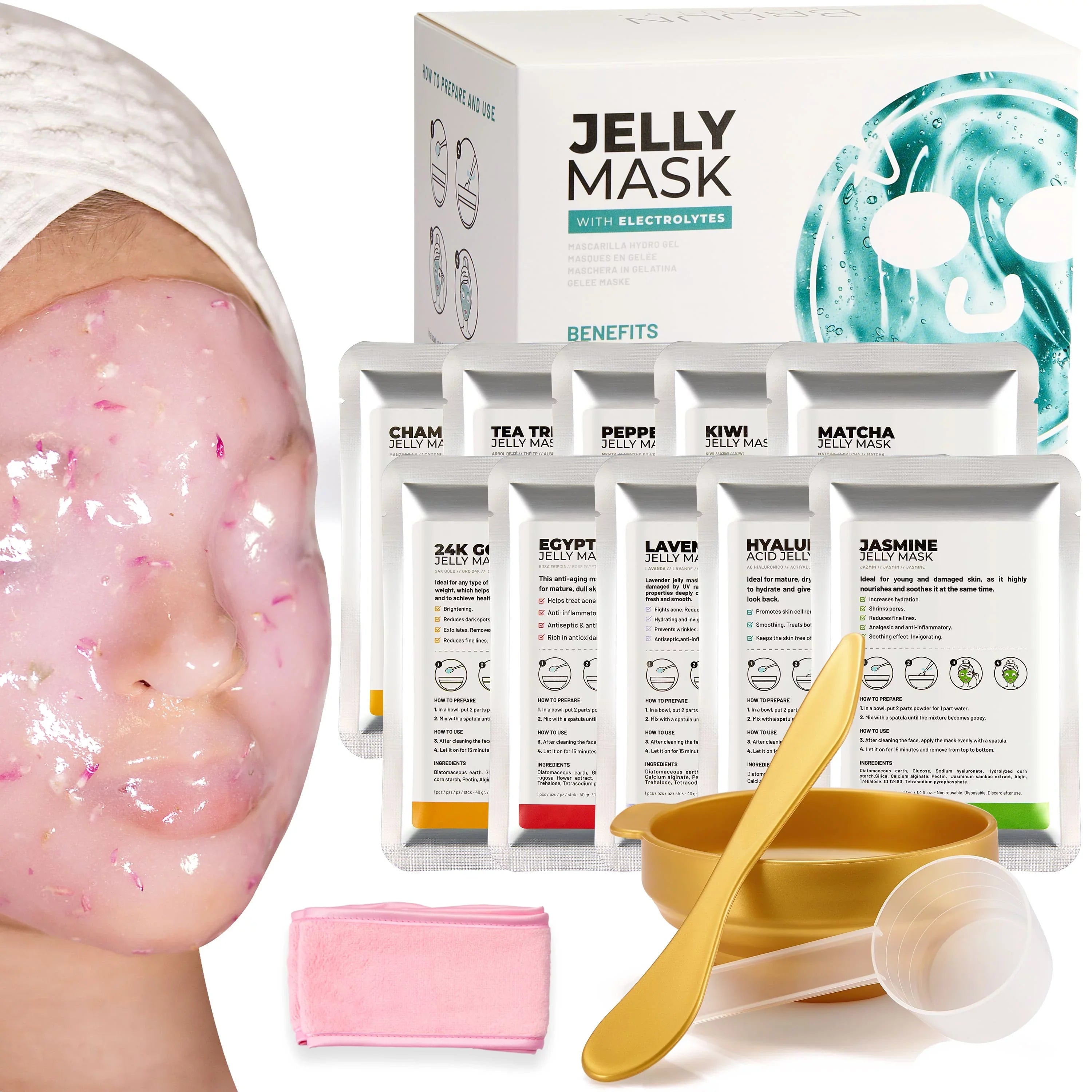 BRÜUN Peel-Off Jelly Mask Premium Modeling "Rubber Mask" Spa Set - 10 Treatments (24k Gold; Lavender; Kiwi; Peppermint; Egyptian Rose; Matcha; Chamomile; Tea tree; Jazmine)