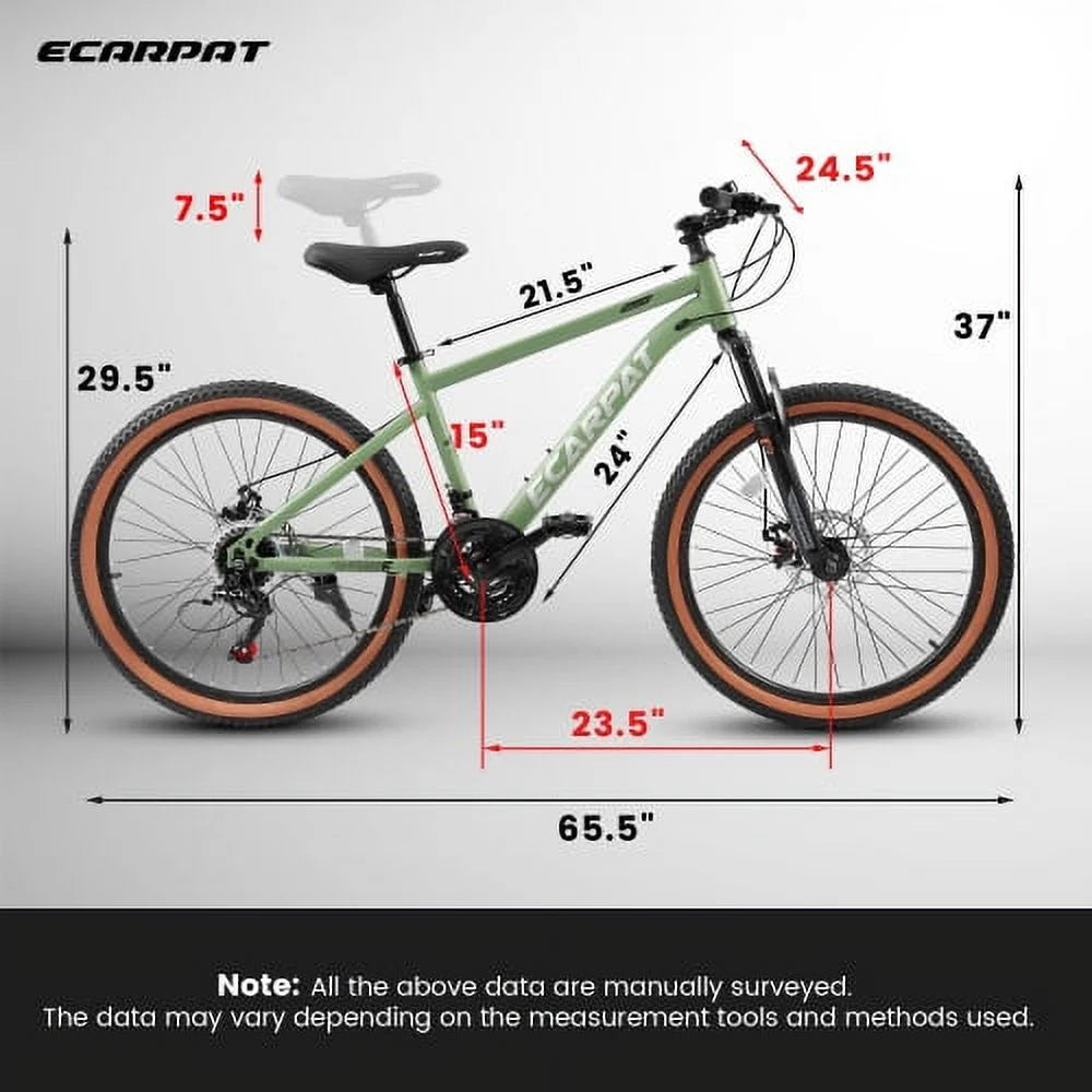 A24301 Ecarpat Mountain Bike 24 millimeter Wheels; 21-Speed Mens Womens Trail Commuter City Mountain Bike; Carbon steel Frame Disc Brakes Thumb Shifter Front Fork Bicycles