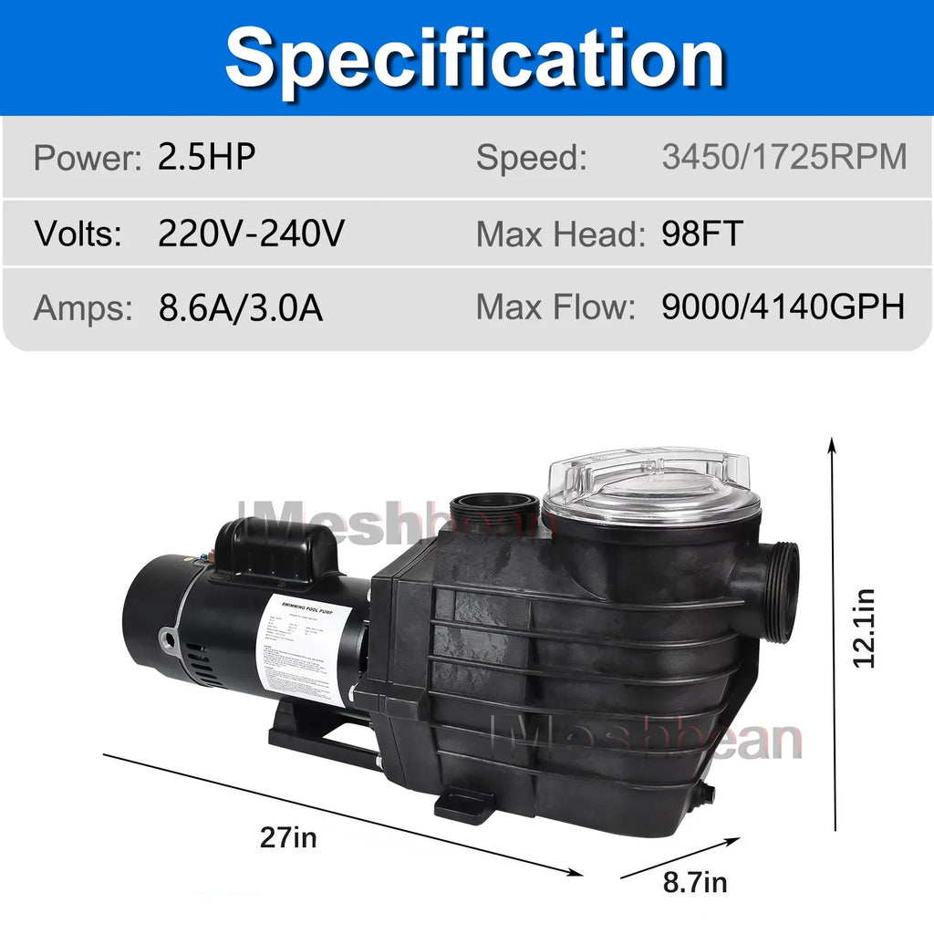 iMeshbean 2-Speed 2.5HP Motor Swimming Pool Pump; 230V 9000GPH/4140GPH; Above Ground Pool Pump In-ground Pool Pump; Head Max 98FT; w/ Strainer Basket& NPT Connectors
