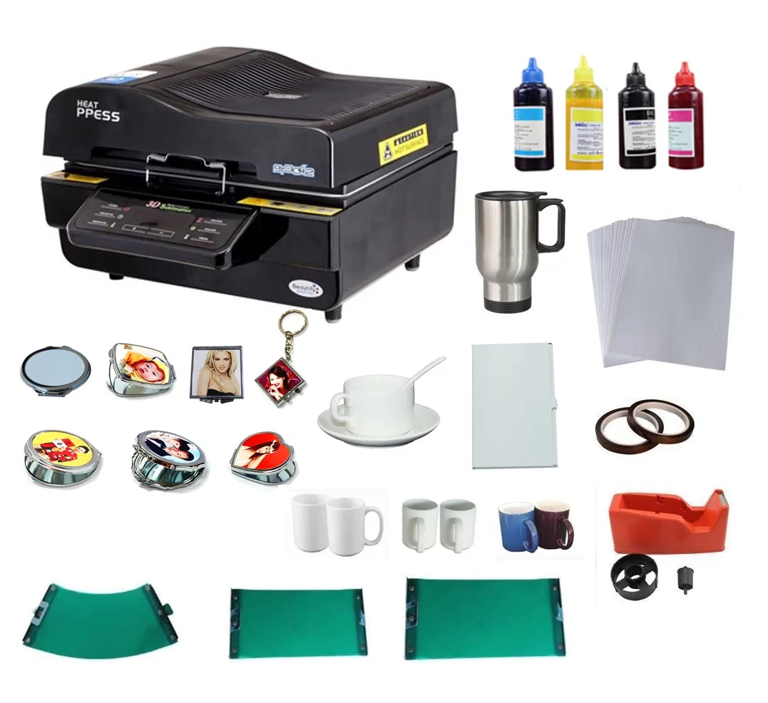 INTBUYING 3D Vacuum Sublimation Heat Press Device Mug Paper Inks Tape Rubber Clamps Transfer KIT