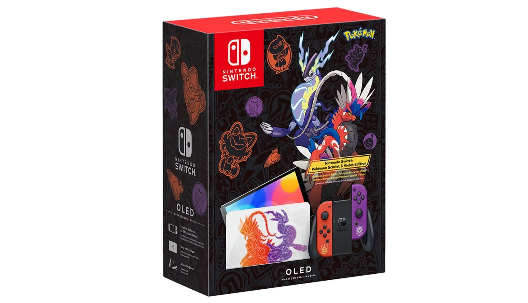 2022 Nintendo Switch OLED Model Pokemon Scarlet & Violet Limited Edition; Pokemon Illustrations 64GB Console; Koraidon and Miraidon Glossy White Dock; Pokemon Scarlet Game and Mytrix Accessories