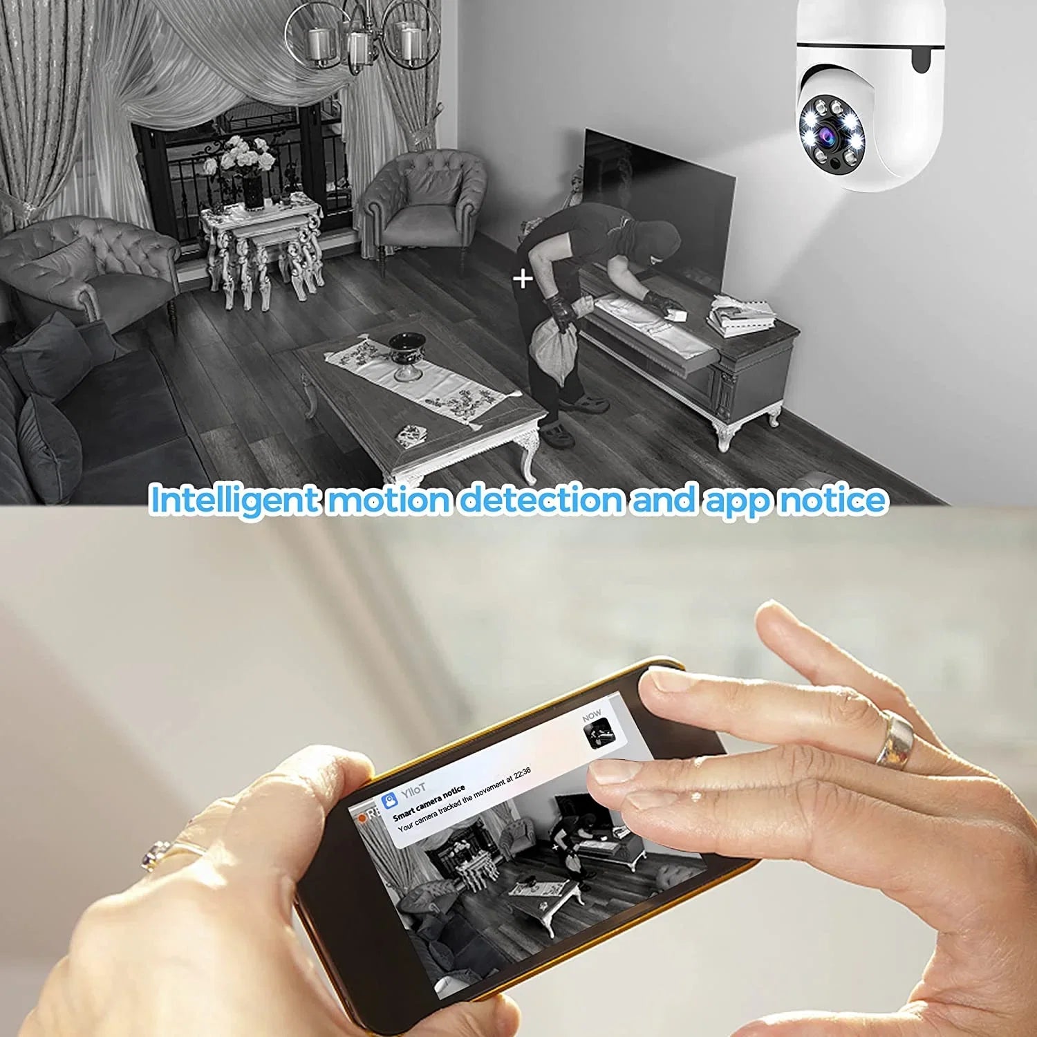 2 Pack Light Bulb Security Camera; 360 Degree PTZ2.4GHz & 5G WiFi Camera; Wireless Home Indoor and Outdoor Camera + 32GB SD Card (Two); APP Access; Motion Detection Alarm; Local and Cloud Storage