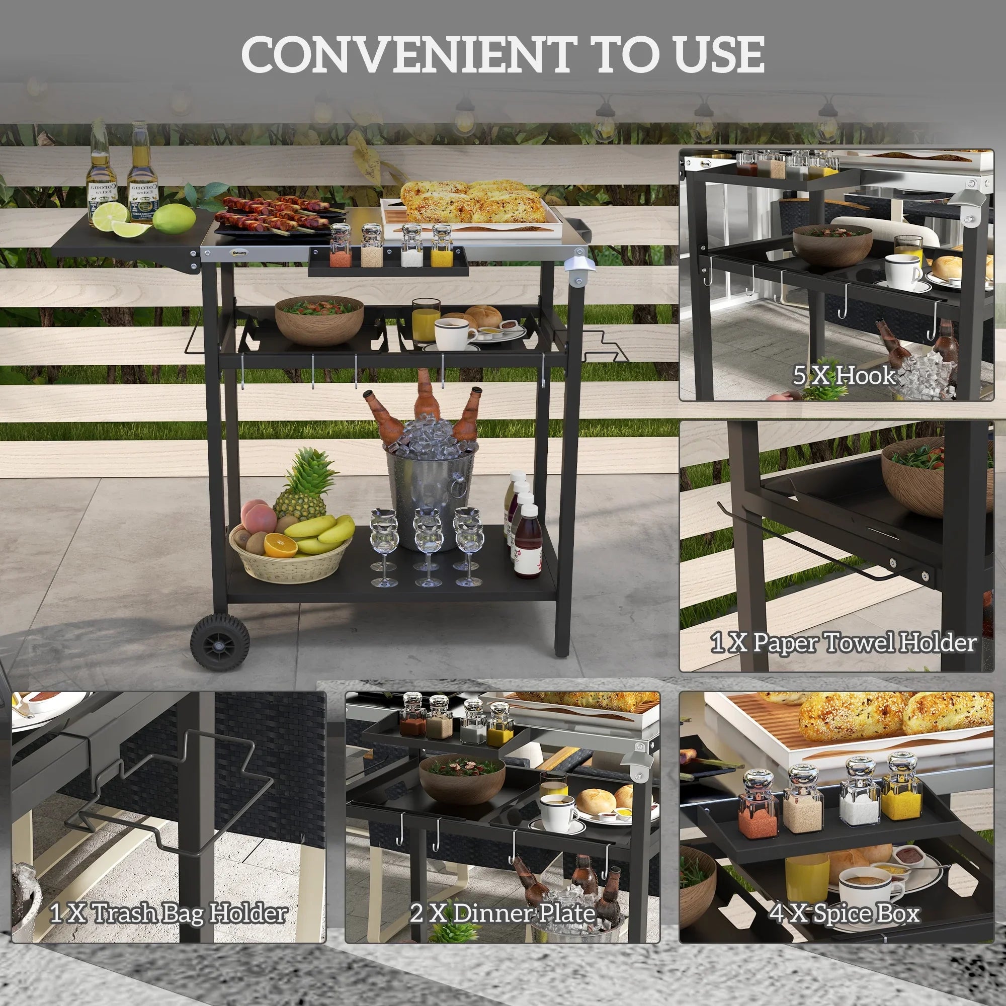 Outdoor Bar Cart with Stainless Steel Tabletop; Kitchen Island with Wheels; 2 Tiers & Seasoning Shelf; Patio Serving Cart with Hooks; Towel & Garbage Bag Holder; Plates & Spice Jars; Black