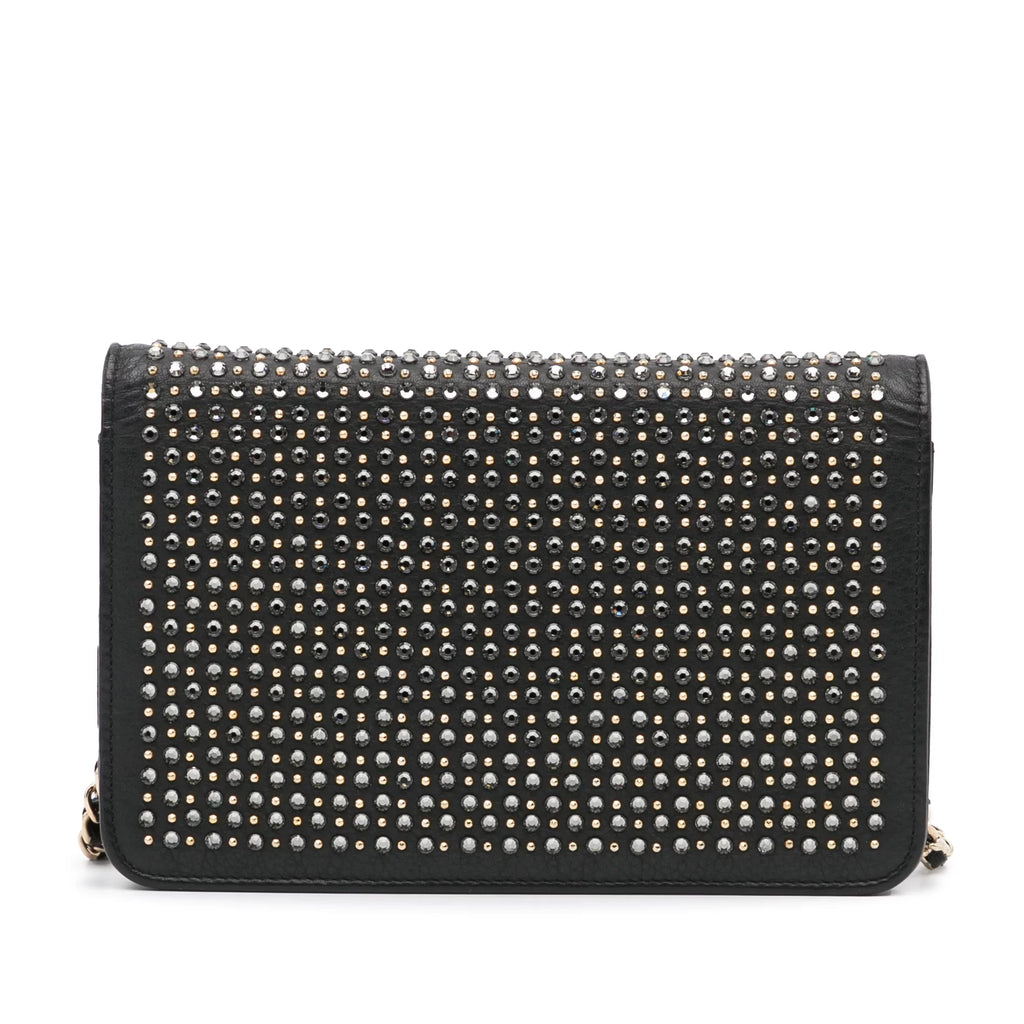 Pre-Owned Authenticated Chanel Studded Wallet on Chain Calf Leather Black Crossbody Bag Unisex (Good)