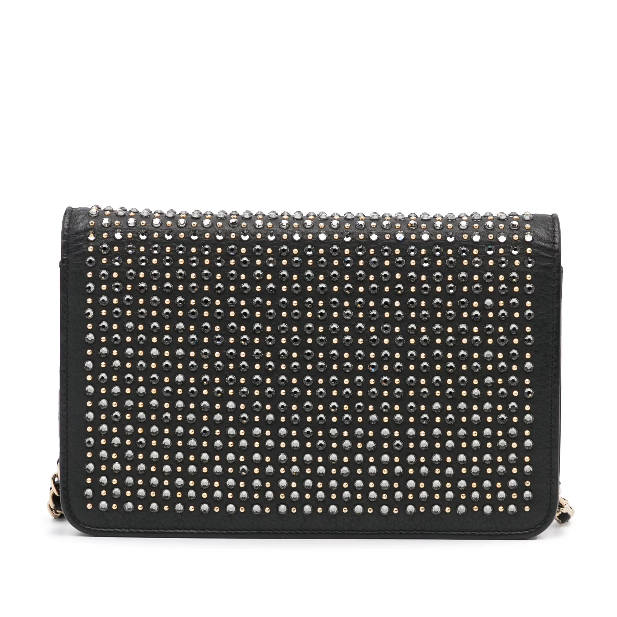 Pre-Owned Authenticated Chanel Studded Wallet on Chain Calf Leather Black Crossbody Bag Unisex (Good)
