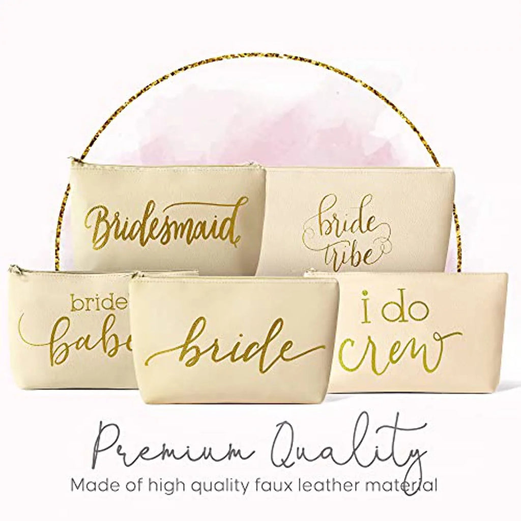 11 Piece Set of Cream Beige Faux Leather Bride and Bridal Party Leather Makeup Bags for Bachelorette Parties; Weddings; and Bridal Showers