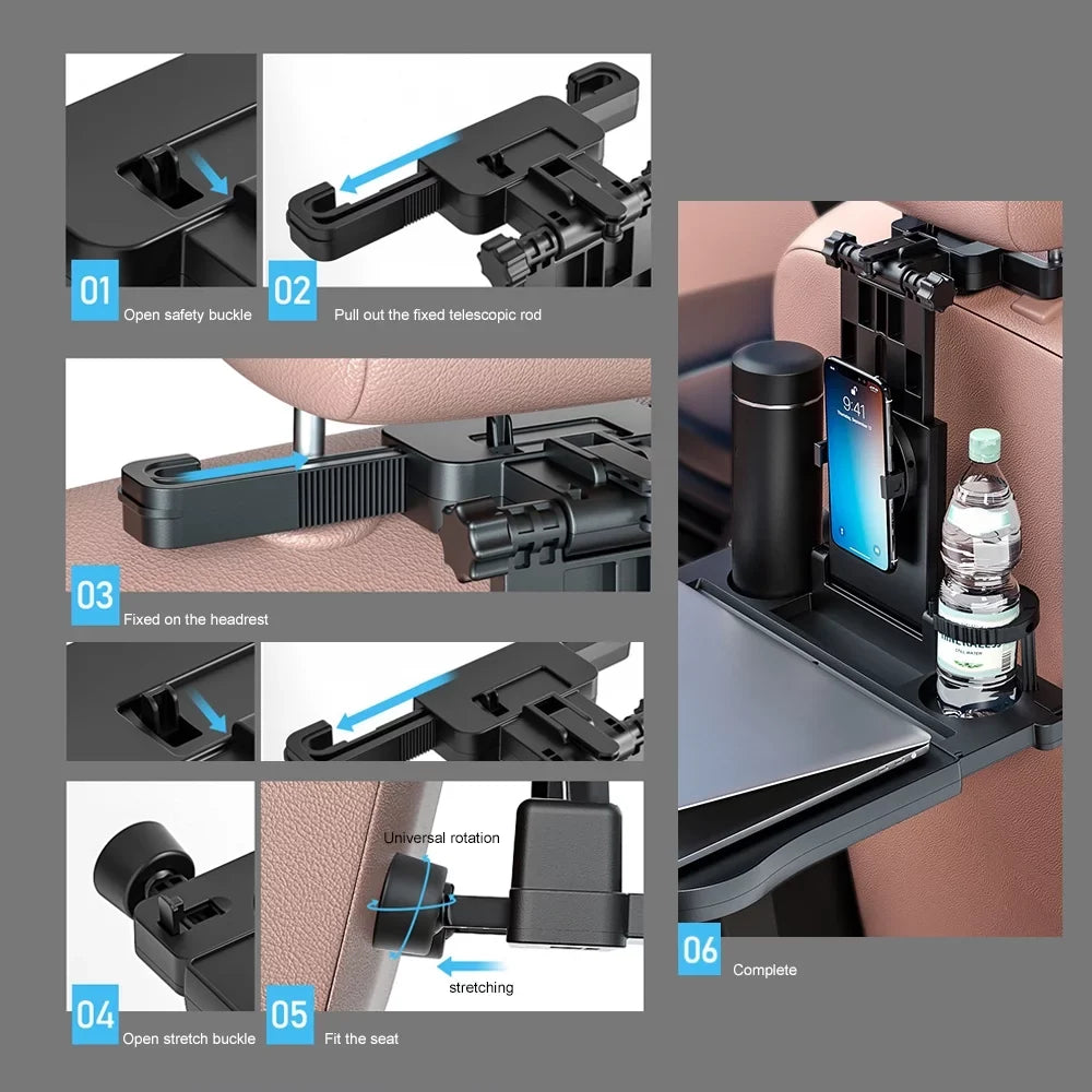 Carevas Adjustable Car Seat Travel Table Multifunctional Foldable Car Back Seat Food Tray; Car Table with Phone Holder for Working; Writing; Eating Black