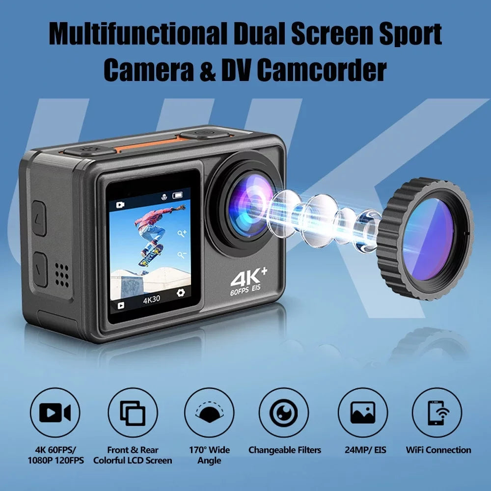 4K 24MP Dual Screen Sport Camera DV Camcorder 2.0 foot Screen 170° Wide Angle EIS 40m Liquidproof WiFi with Macro CPL ND4 8 16 Purple Lens for Outdoor Sports