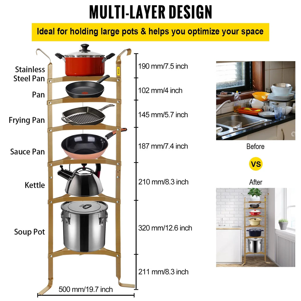 6-Tier Cookware Stand; Carbon Steel Multi-Layer Pot Rack; 61-inch Cookware Shelf; Copper Cookware Storage Tower; Unassembled Kitchen Corner Shelf Rack for Pans; Pots; Baskets Kettles Storage