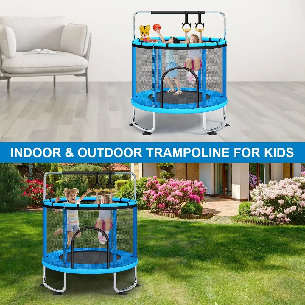 Fisca 55''Mini Trampoline for Kids; Toddler Trampoline with Basketball Hoop; Enclosure Net and Rings; Indoor Trampoline; 555lbs Load