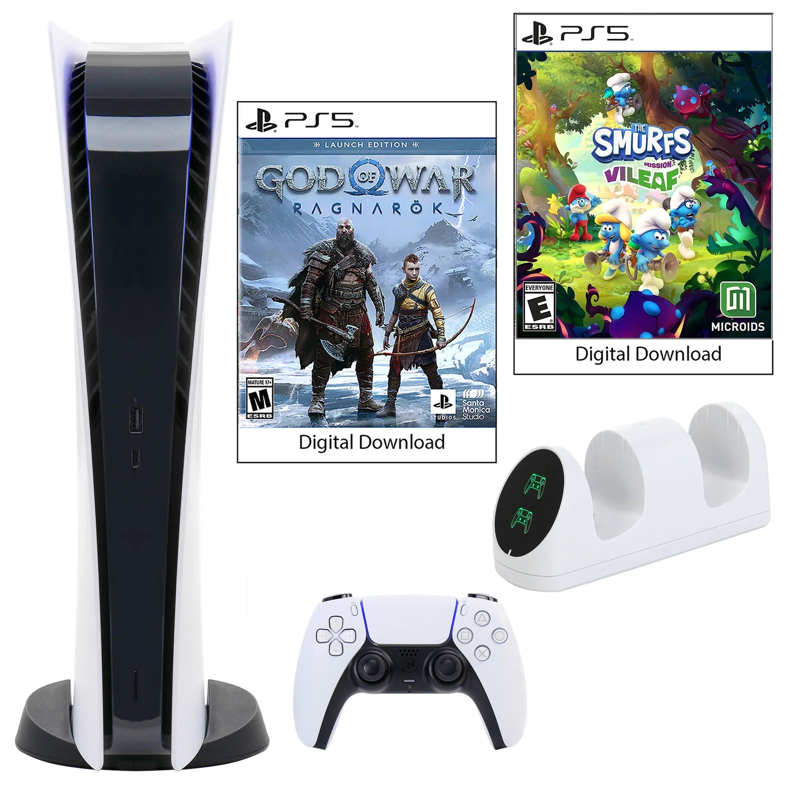 Sony PlayStation 5 Digital GOW: Ragnarok Console with The Smurfs and Dual Charging Dock