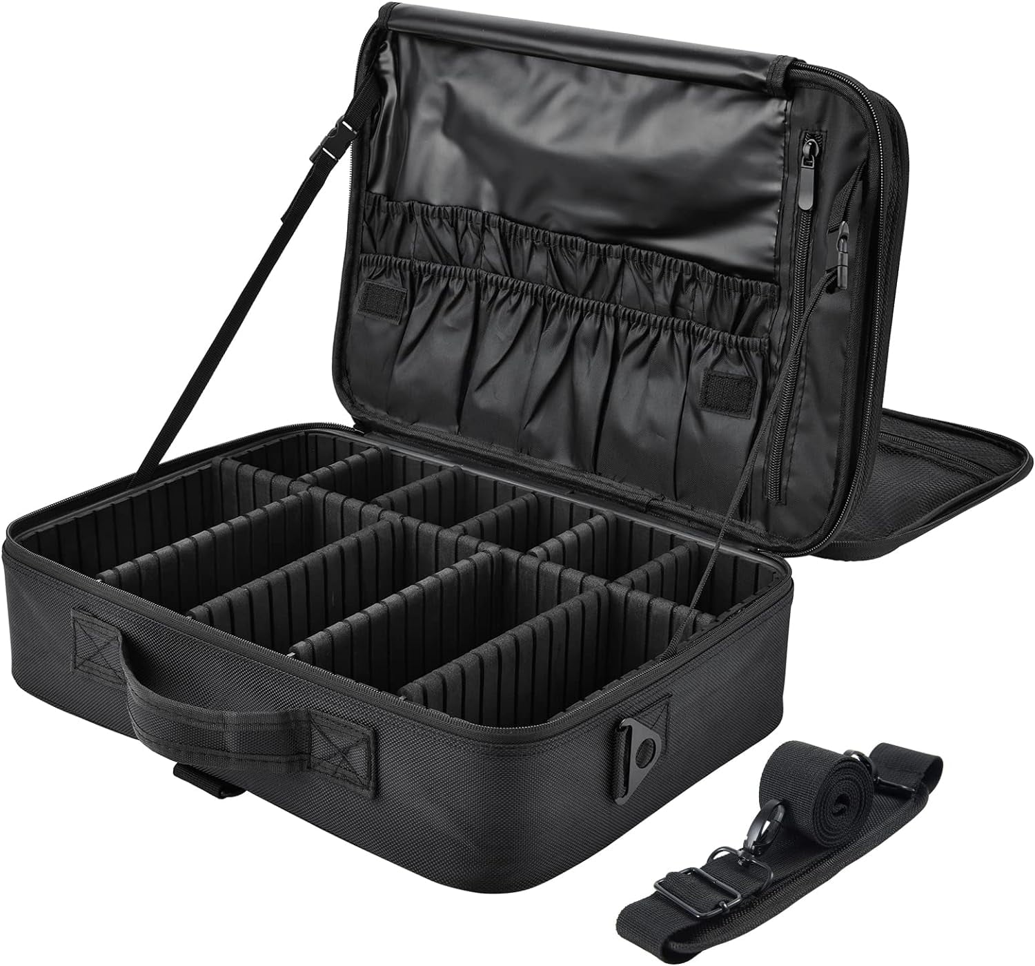 Extra Large Travel Makeup Bag Cosmetic Case Organizer Beauty Train Case with Shoulder Strap and Dividers Compartment; Black