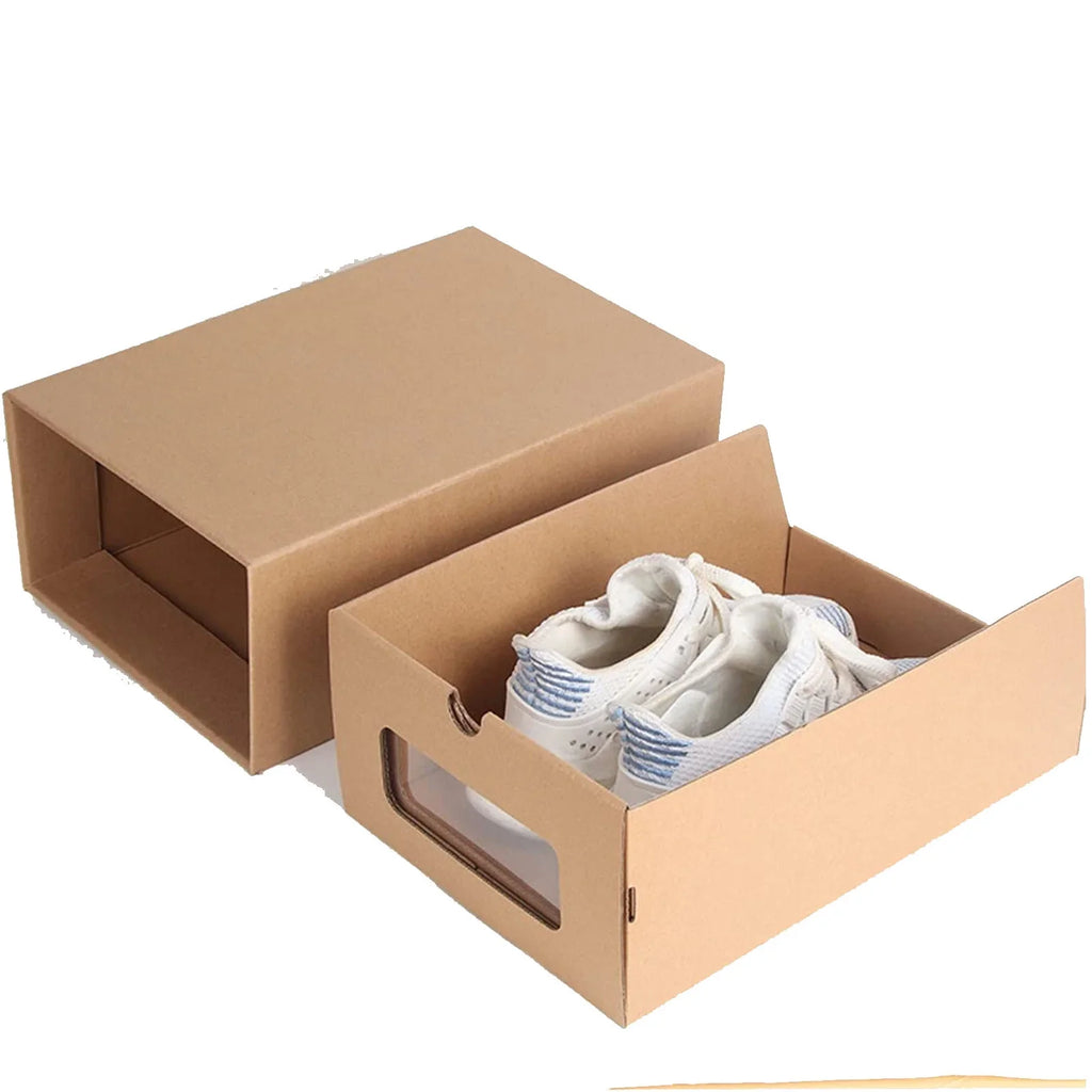 tonchean 10 Pack Cardboard Shoe Boxes - Stackable Shoes Storage Organizer Kraft Drawer Boxes with Lids and Transparent Window-Gift