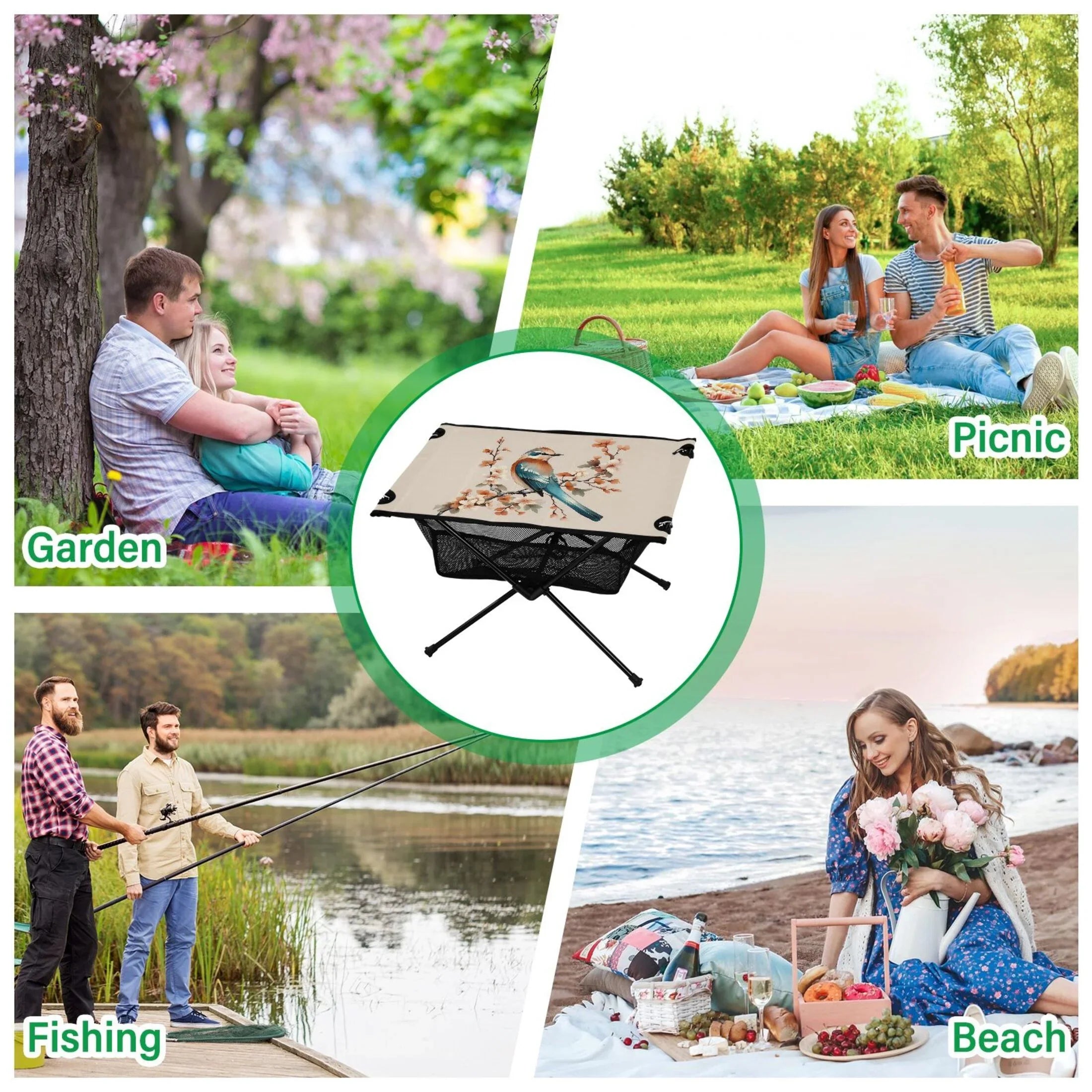 Birds on Flower Branches Camping Folding Table Portable Beach Table with Storage Bag Compact Picnic Table for Outdoor Travel Fishing BBQ