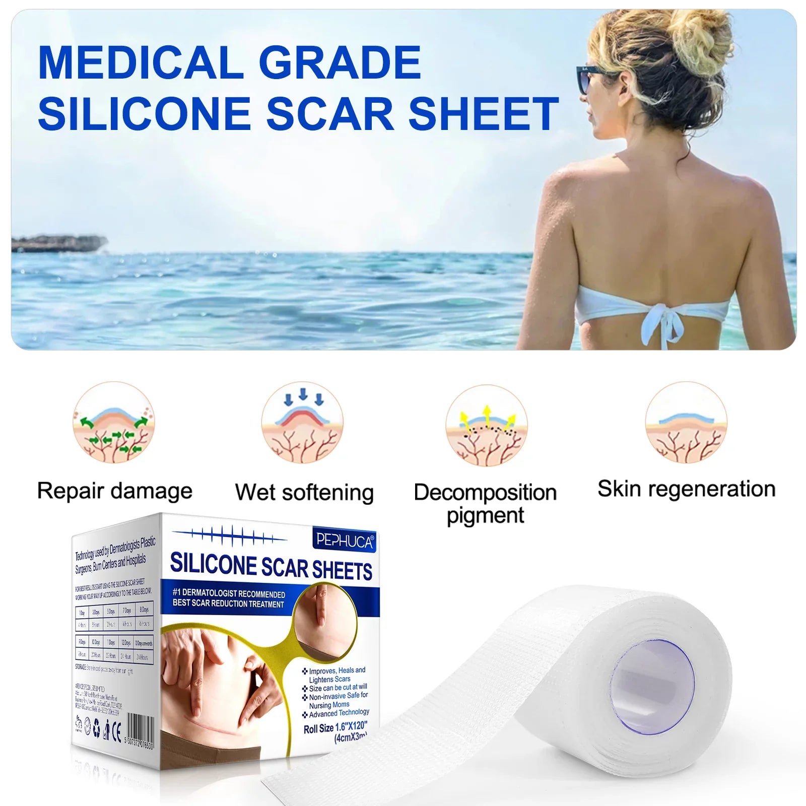 Pephuca Medical Grade Silicone Scar Sheets;Reusable and Breathable Silicone Gel Tape for Scar Removal;120inch x 1.6inch Roll Reusable 6 Months Supply;Transparent - 2 Pack
