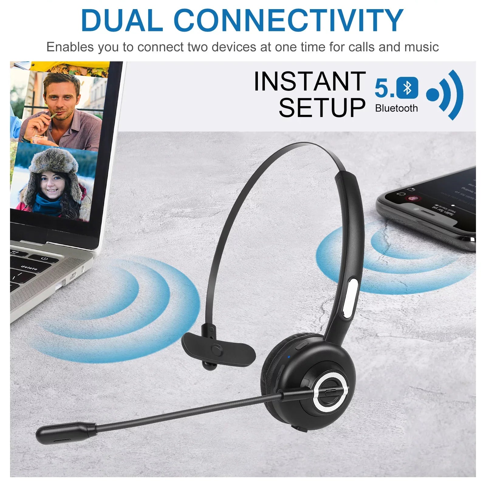 Comfortable Bluetooth Headset; UX-M97 Wireless Headset with Microphone; Wireless Cell Phone Headset with Noise Isolation Mic Charging Base Mute Function for Oppo F9 (F9 Pro) With Charging Dock