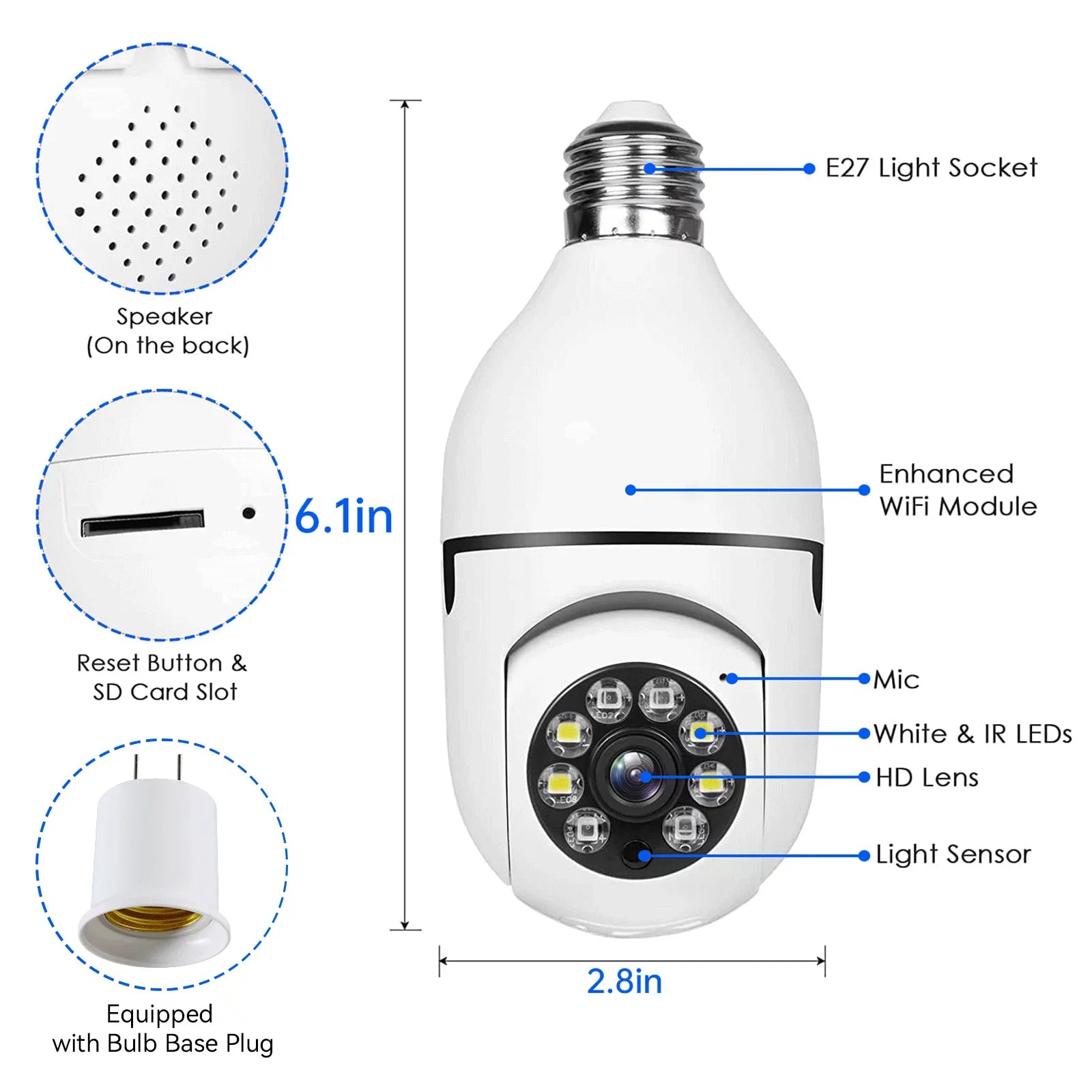 TOGUARD E27 1080P Light Bulb Camera 2.4G Wifi Dome Security Camera Wireless Outdoor; 2-Way Audio Color Night Vision 360° IP Camera with Motion Detection Remote Access (2PCS)