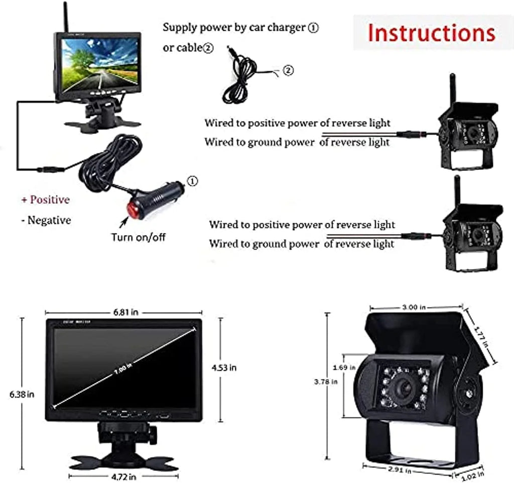 Bileeko RV Backup Camera and Monitor Kit 7 inch LCD Monitor 2 Wireless Rear View Camera for Bus SUV Trucks Trailers