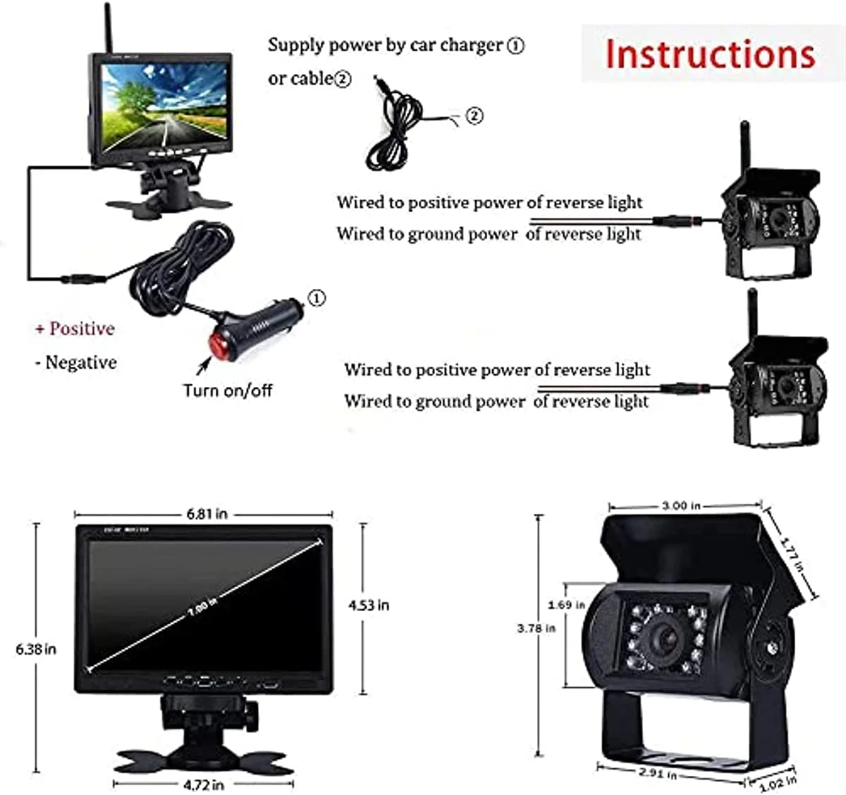 Bileeko RV Backup Camera and Monitor Kit 7 inch LCD Monitor 2 Wireless Rear View Camera for Bus SUV Trucks Trailers