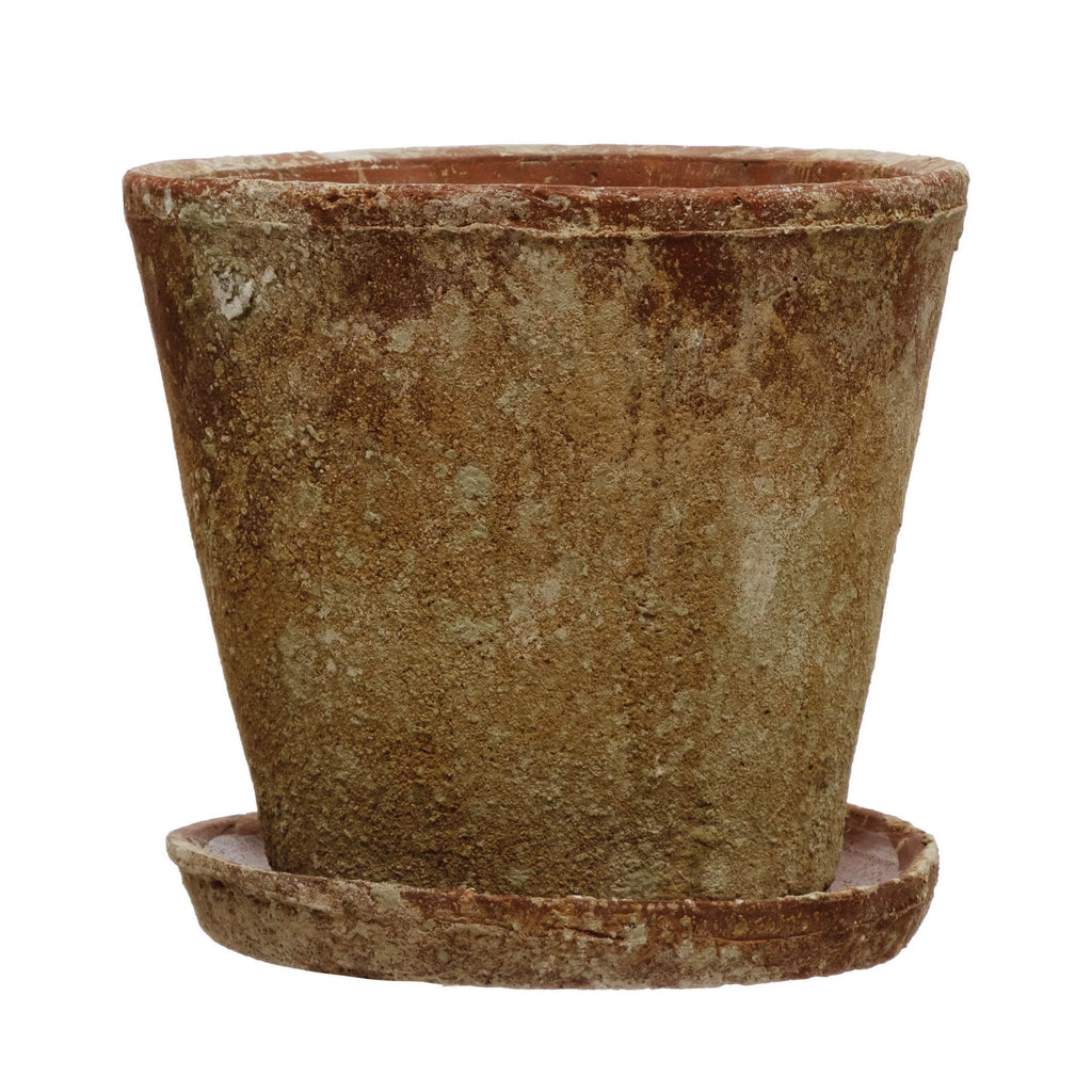 Creative Co-Op Cement Planter with Saucer; Distressed Terra-cotta Finish; Set of 2 (Holds 8" Pot)