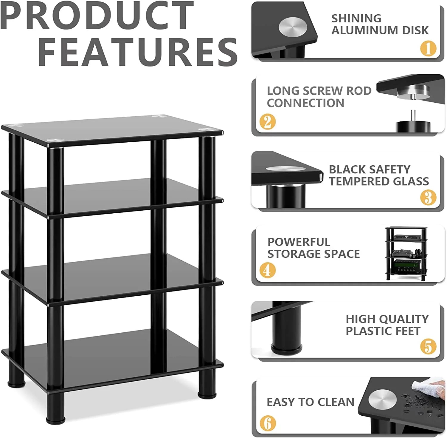 4-Tiers Media Compontent TV Stand Video Tower Tempered Glass Shevles for TV; Gaming Consoles; Media Component; Streaming Device