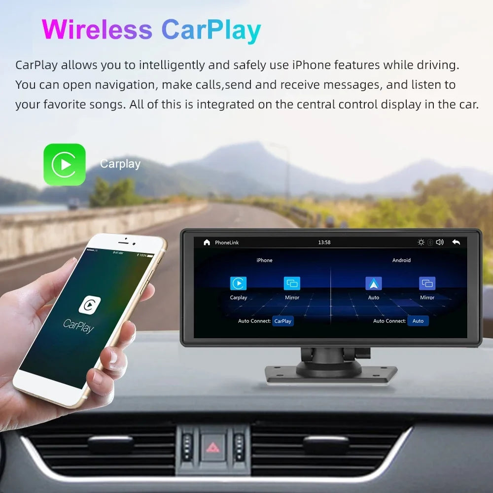 Polarlander 9.3" Wireless Carplay & Android Auto Portable Car Stereo; Front Dash Cam; Backup Camera; Bluetooth Hands-Free Calling; HD IPS Touchscreen;Supports Most Cars
