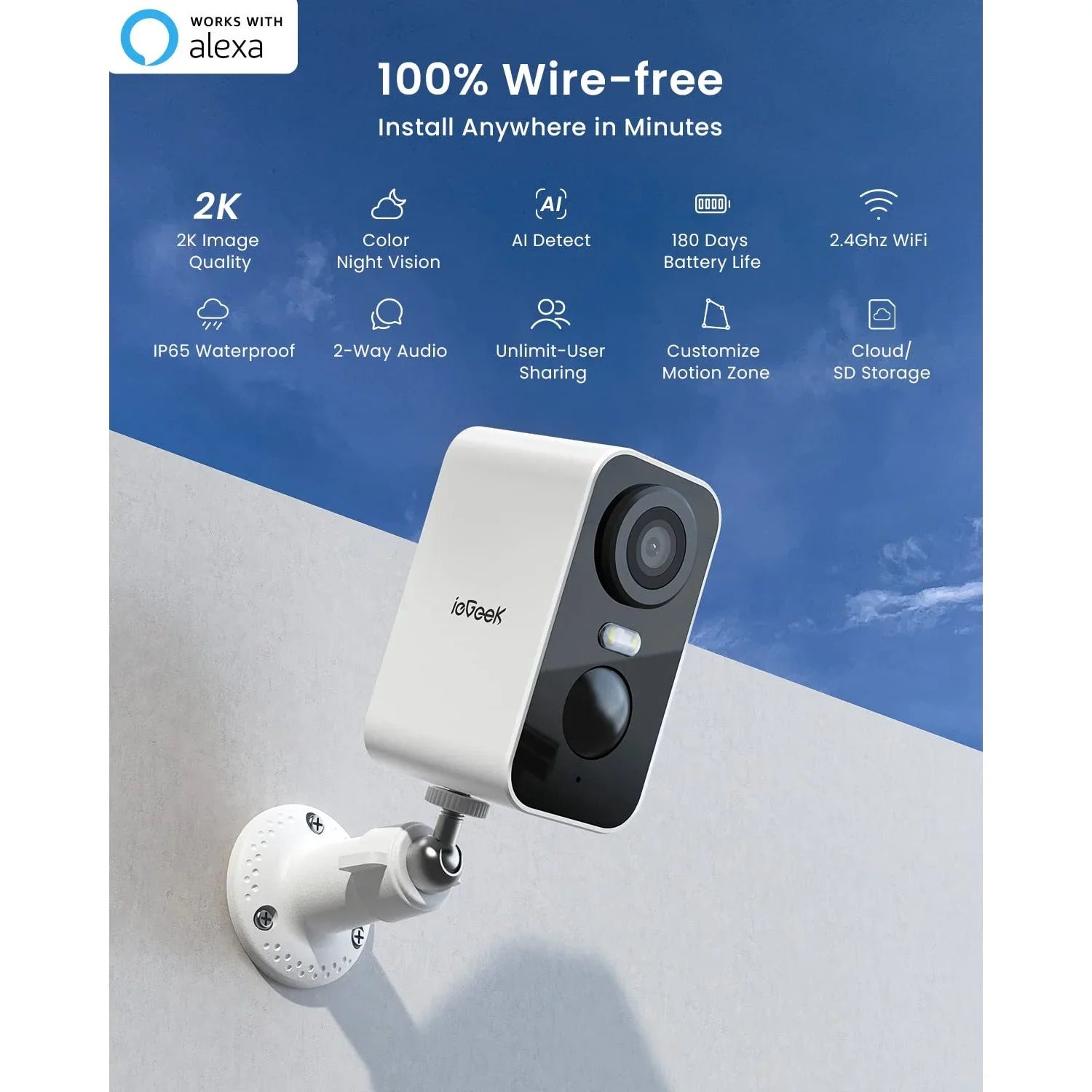 ieGeek; Wireless Security Camera; Outdoor; WiFi; Battery Powered; 2K Color Night Vision; Spotlight & Siren Wireless Camera; 2 Pack