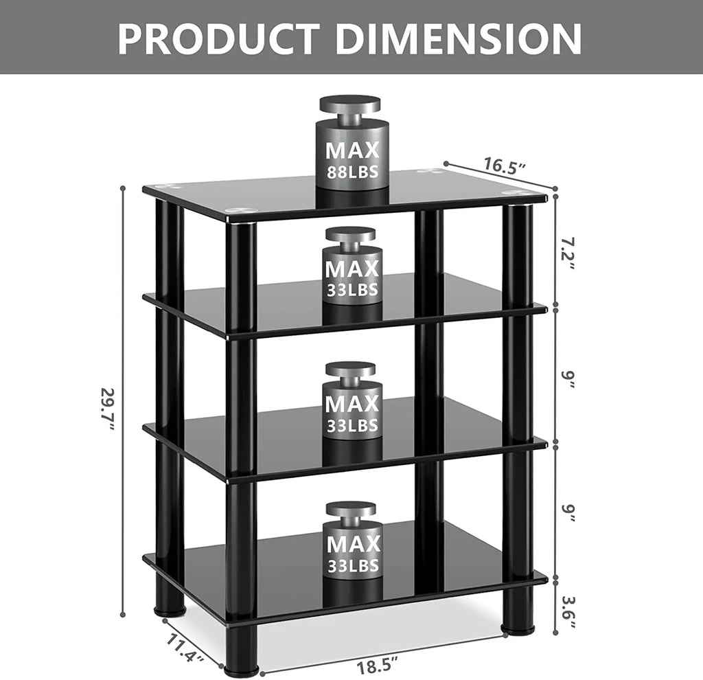 4-Tiers Media Compontent TV Stand Video Tower Tempered Glass Shevles for TV; Gaming Consoles; Media Component; Streaming Device
