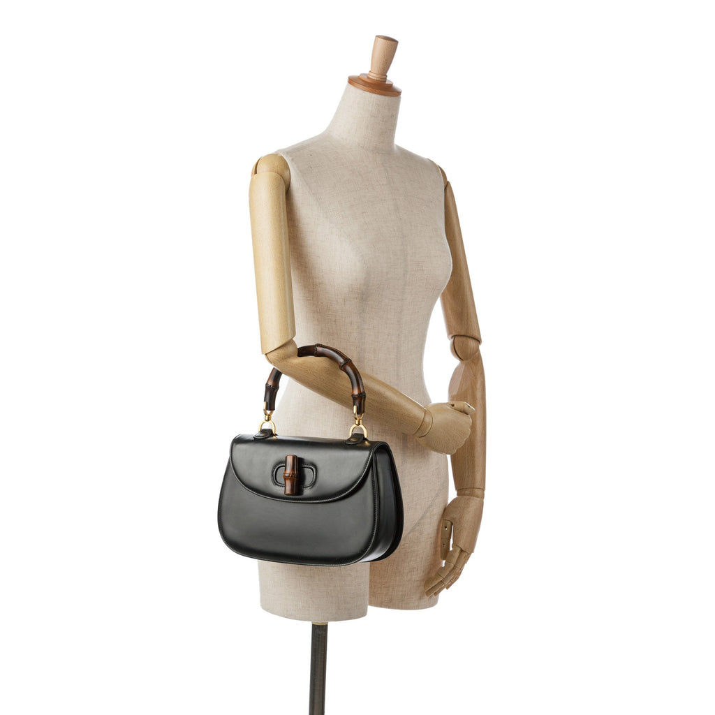 Pre-Owned Authenticated Gucci Bamboo Night Calf Leather Black Handbag Top HandleBag Unisex (Good)
