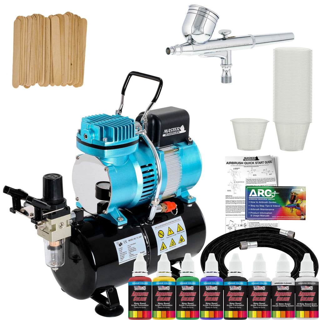Master Airbrush Dual Exhaust Air Storage Tank Compressor Kit with Gravity Feed Airbrush; 6 Color Acrylic Paint Artist Set