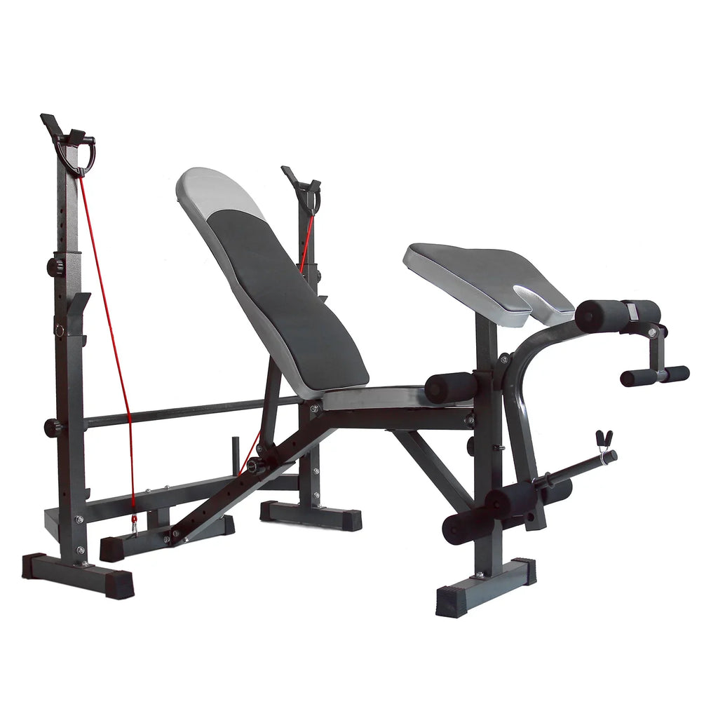 US Stock Body Champ Olympic Weight Bench; Workout Equipment for Home Workouts; Bench Press with Preacher Curl; Leg Developer and Crunch Handle for At Home Workouts