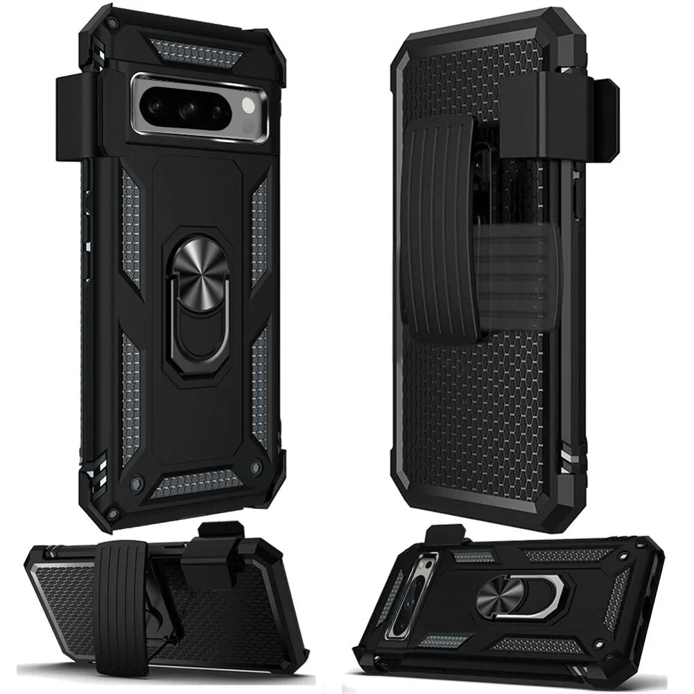 Holster Case Belt Clip for Google Pixel 8 Pro Phones - Swivel Metal Ring Cover Kickstand Armor Combo Drop-Proof compatible with Google Pixel 8 Pro