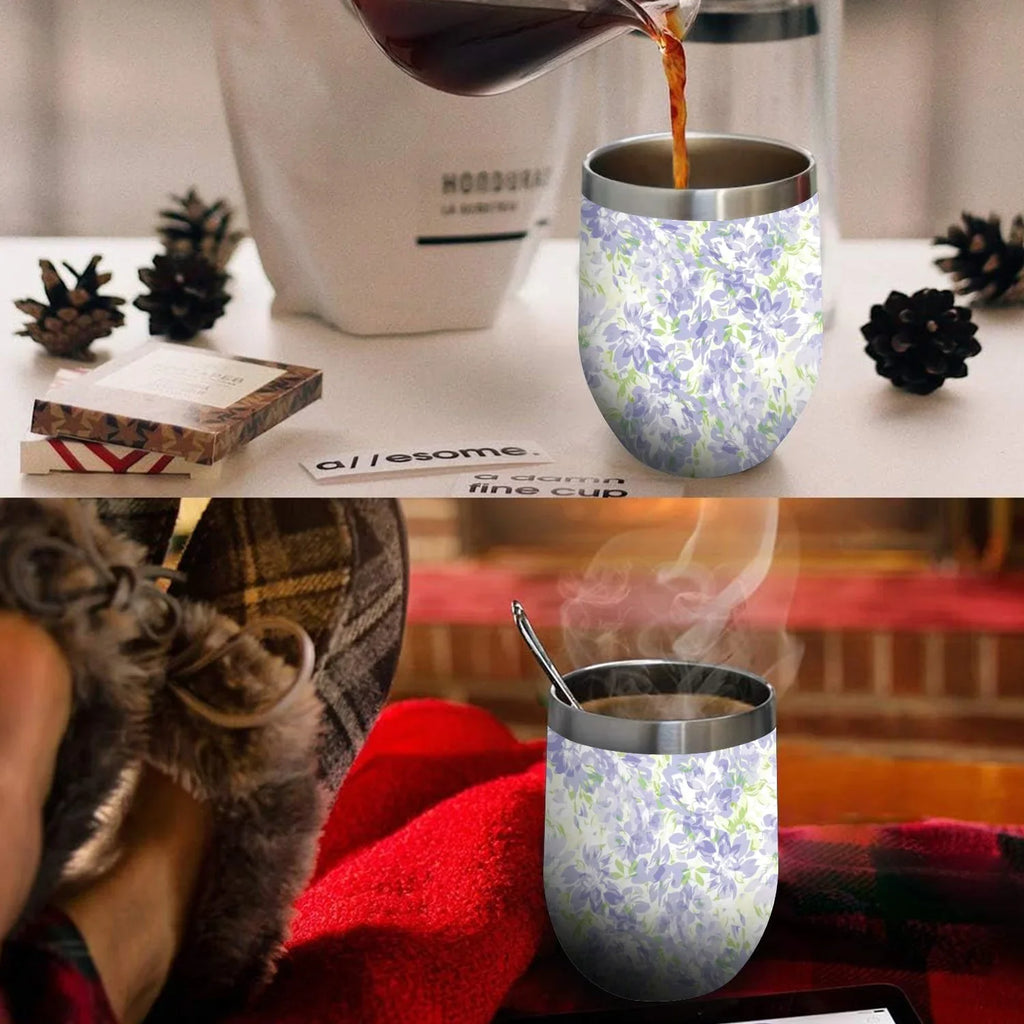 Hidove 12oz 304 Stainless Steel Vacuum Insulated Cups; Blue with Green Floral Pattern Eggshell Cup U Shape Tumbler Cups with Lid; Double Layer Insulation Wine Cup Big Belly Cup
