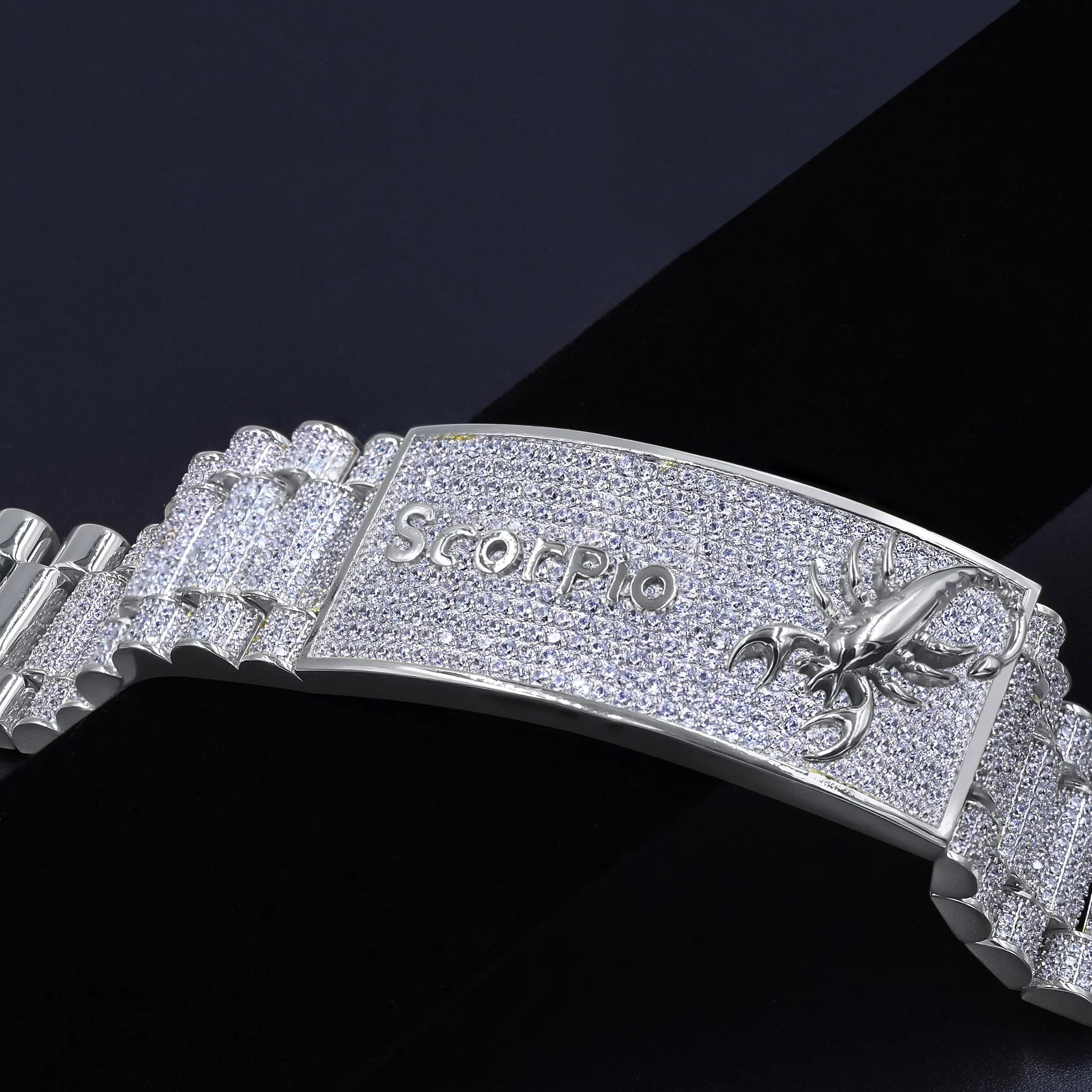 Zodiac Sign Scorpio 14K White Gold Finish Simulated Diamonds Mens Link Bracelet 8.5''