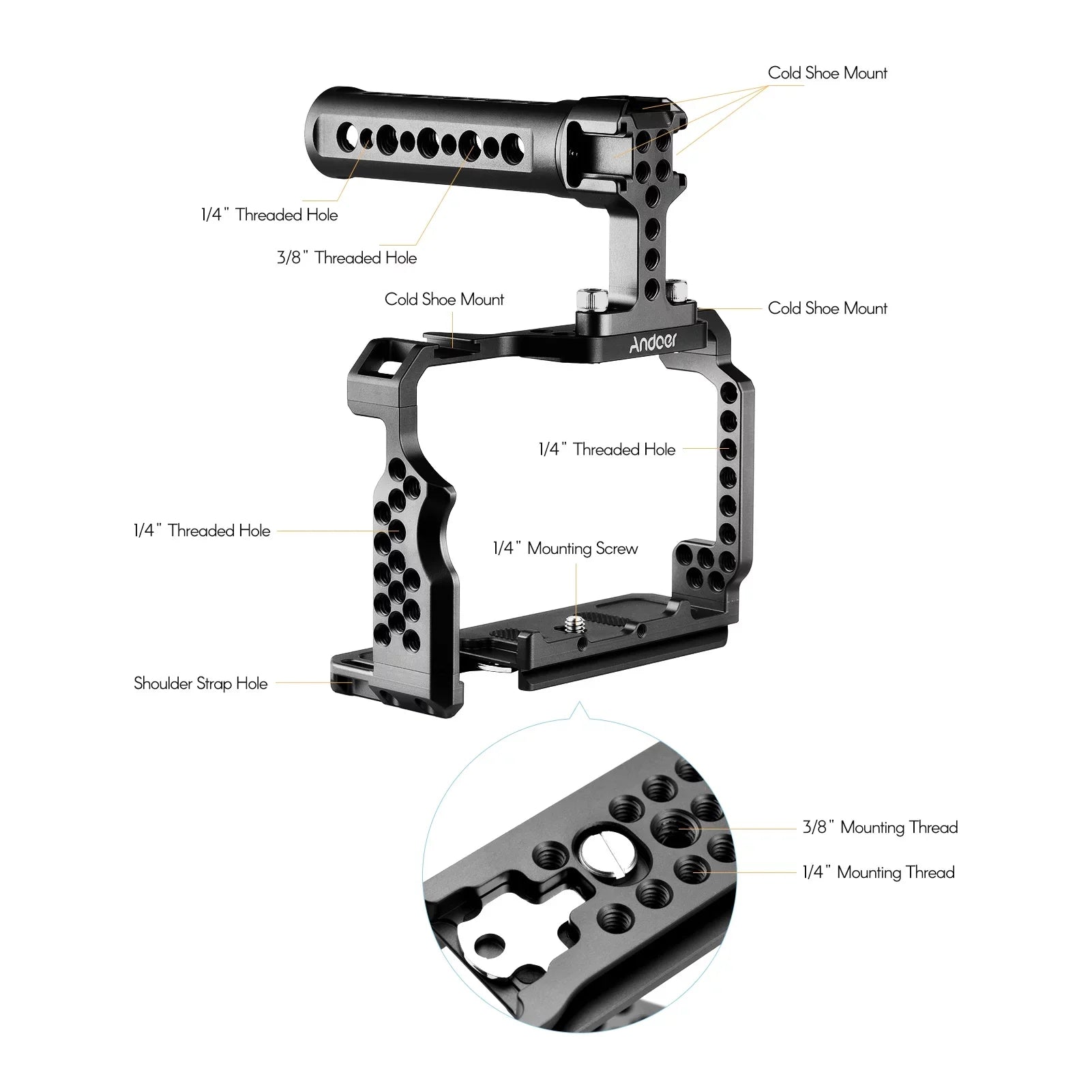 7299 Aluminum Alloy Cage Kit with Video Rig Handle Grip Replacement for Sony A7R III/ A7 II/ A7III