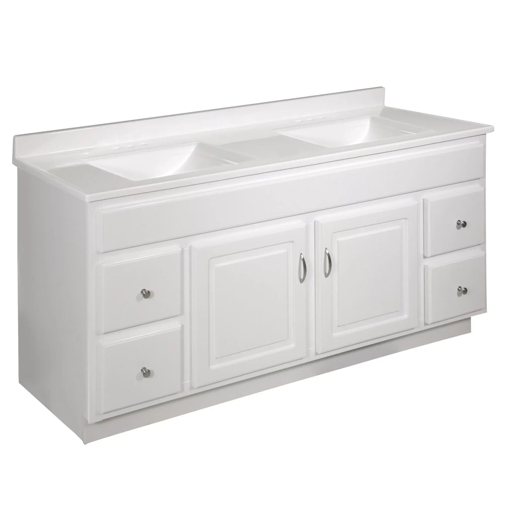 Design House 557678-WHT 61-inch Camilla Cultured Marble Centerset Mount Rectangle Double Bowl Vanity Top with Integrated Backsplash; Solid White